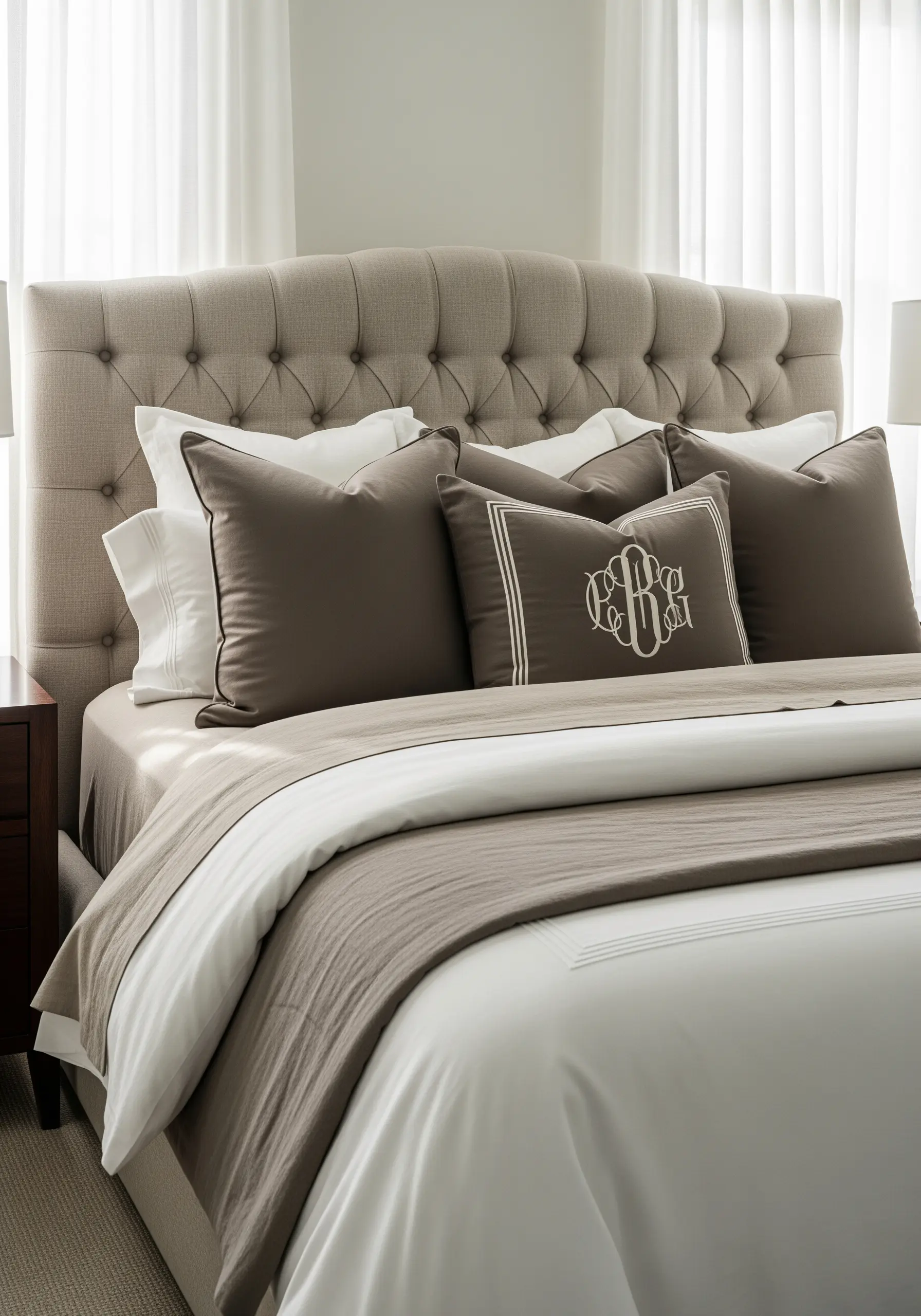 Ornate white monogram with a border on a dark taupe cushion.