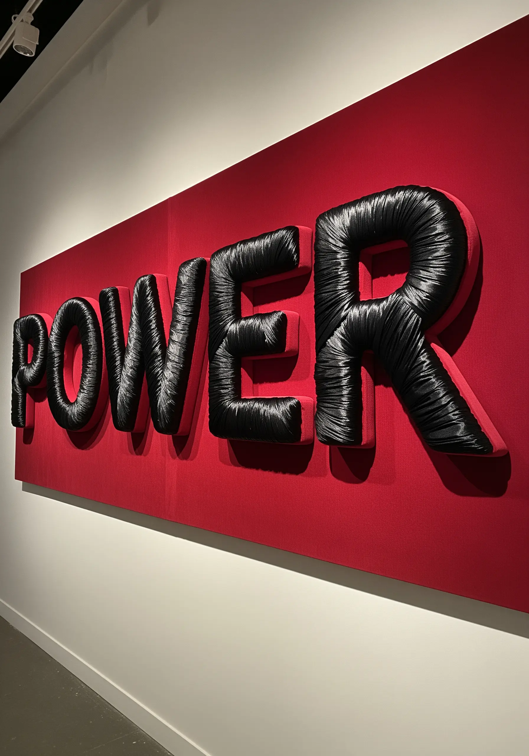 Huge 3D letters wrapped in shiny black thread spell “POWER” on a red wall panel.