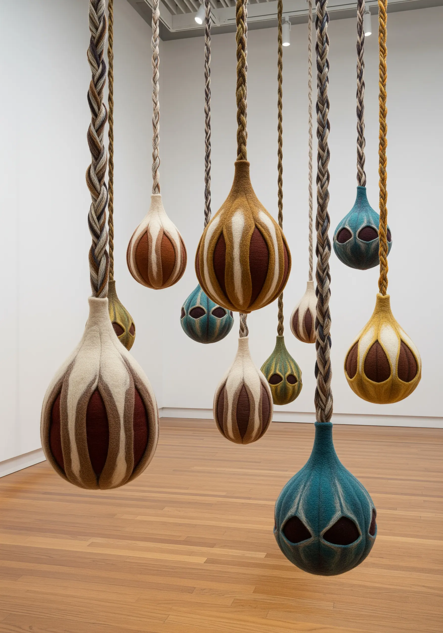 Hanging felted sculptures in organic, pod-like shapes with braided wool ropes.