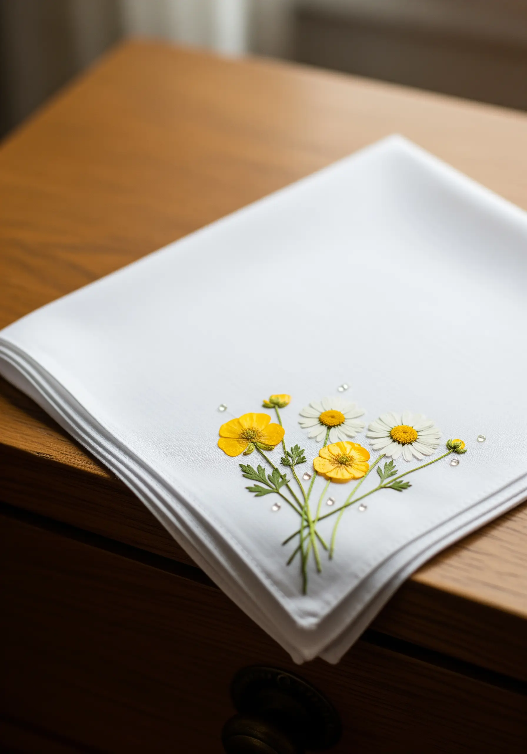 A small bouquet on a handkerchief combining pressed flowers with fine green embroidered stems.