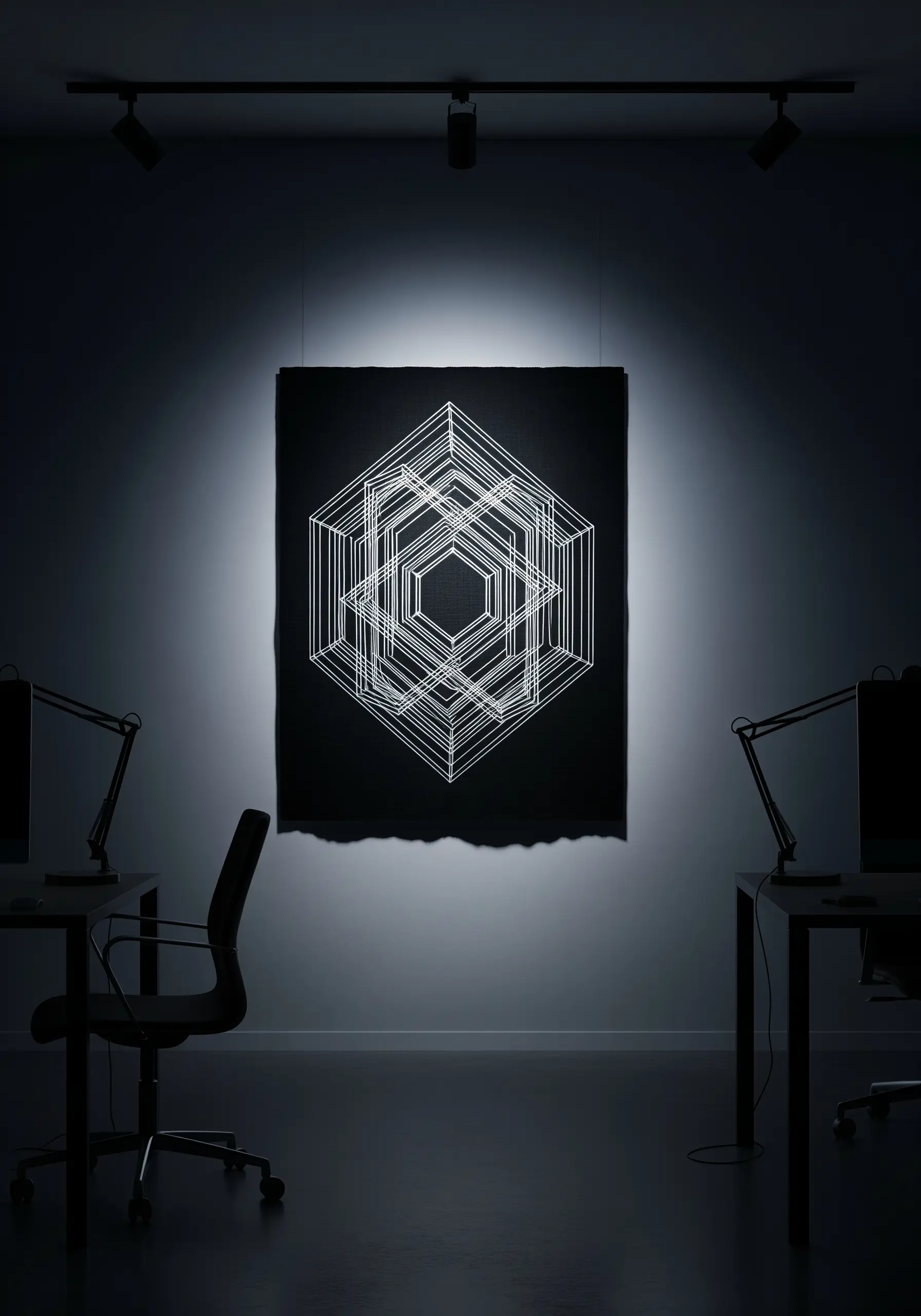 A complex geometric hexagon stitched in white on black fabric, glowing under a spotlight.