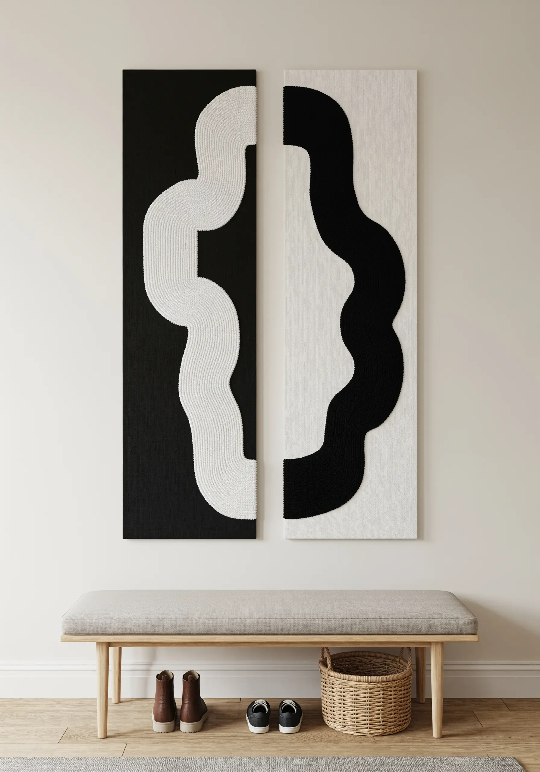 A black-and-white diptych with a mirrored, abstract wavy shape filled with textured stitching.