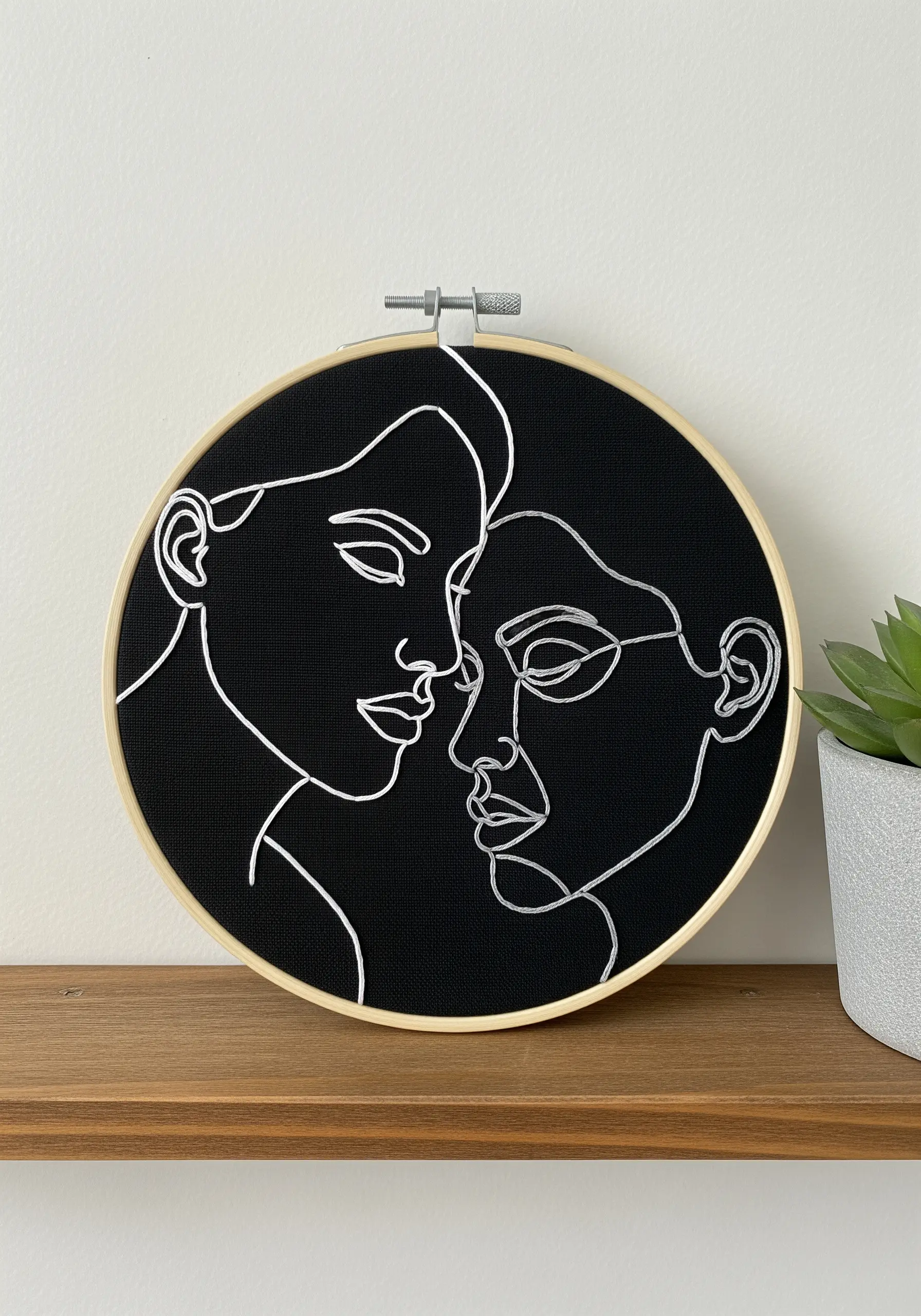 Two faces in profile, stitched with white thread on a stark black fabric background.