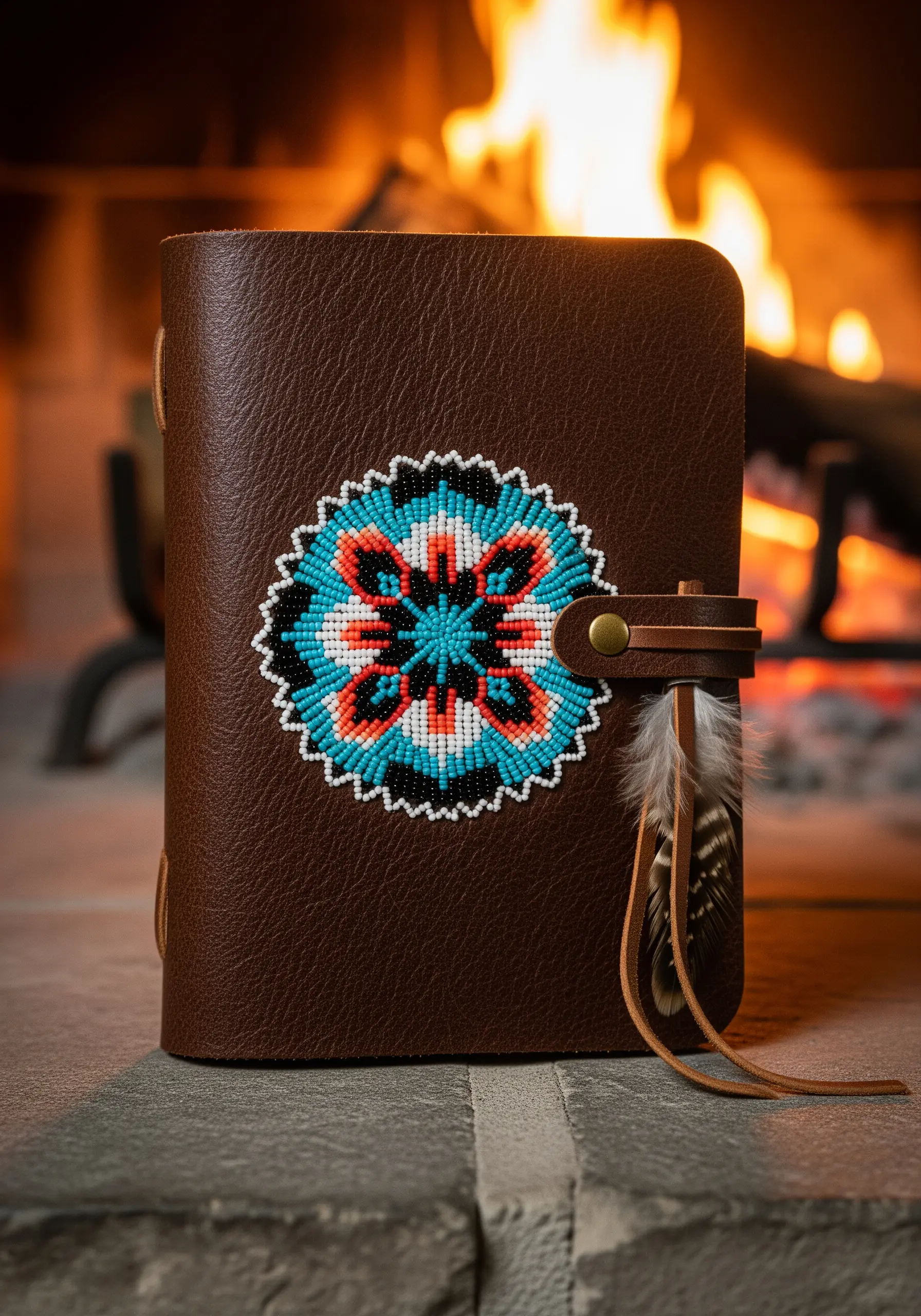A geometric, mandala-style beaded medallion on the cover of a brown leather journal.