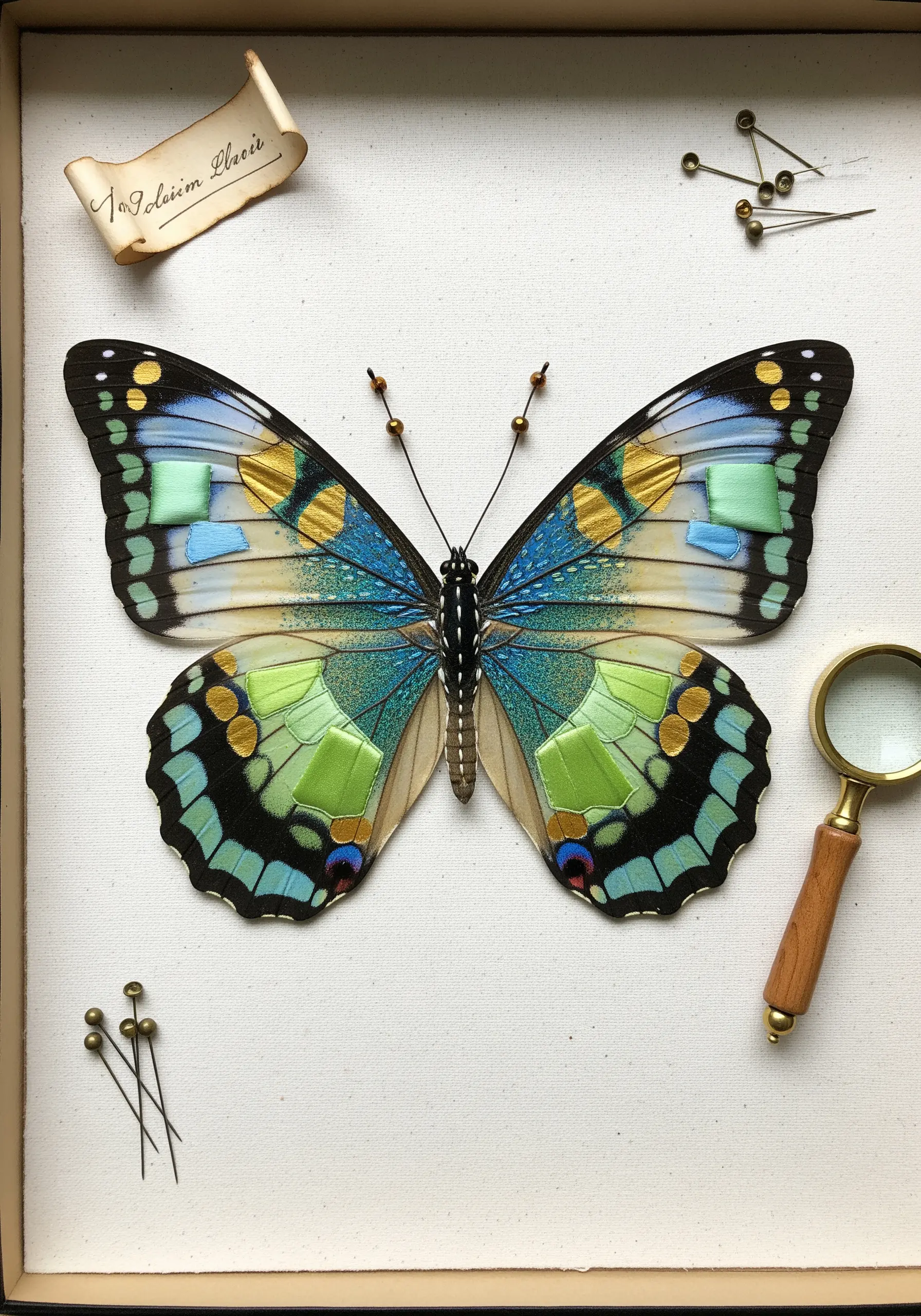 A specimen butterfly made from paper segments filled with blue, green, and gold satin stitch.