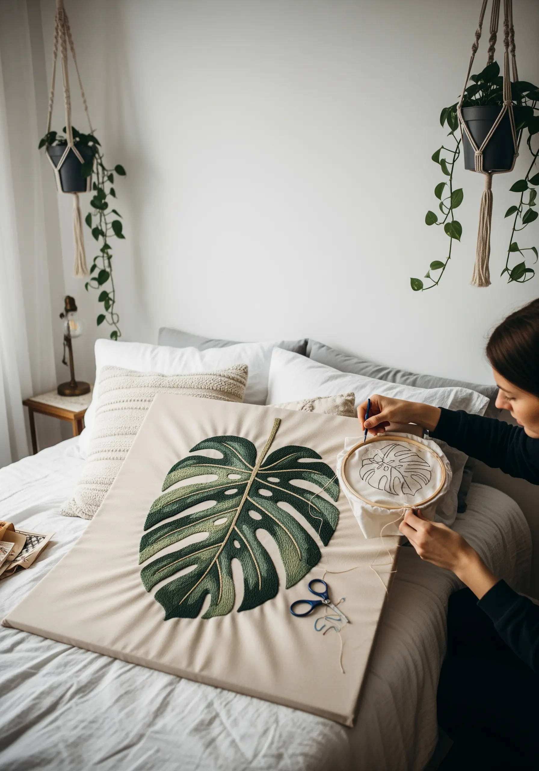 A large canvas with a realistic embroidered monstera leaf, with a smaller hoop nearby