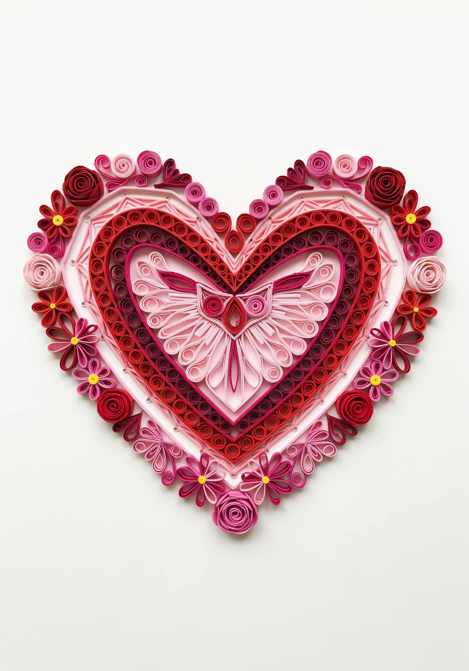 An intricate heart-shaped mandala made from concentric layers of red and pink quilled paper.