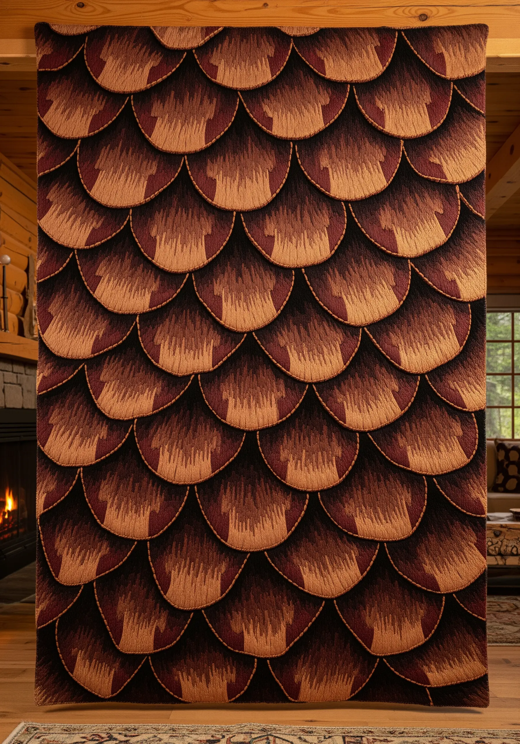 A large textile with a repeating, layered scale pattern embroidered in shades of brown, rust, and tan.