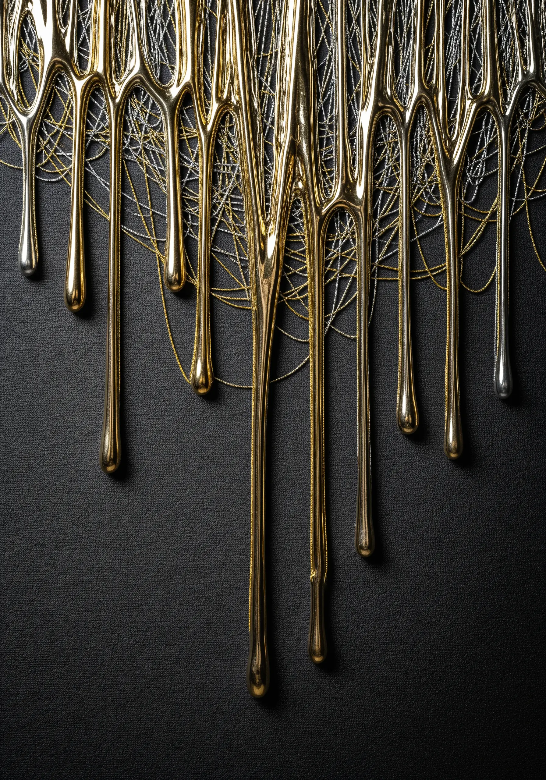 Abstract art with liquid gold and silver drips made from metallic threads and bullion knots.