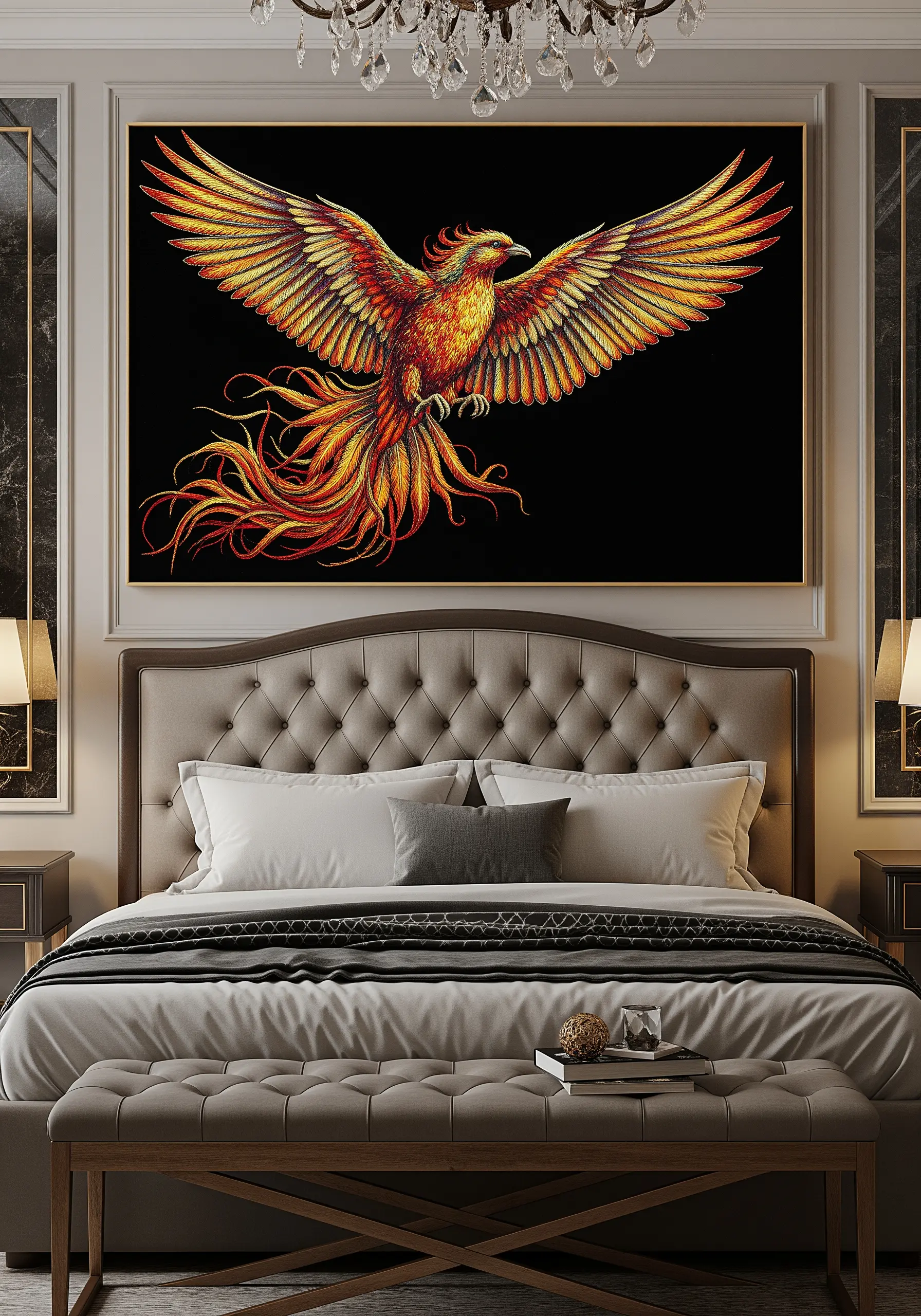A magnificent embroidered phoenix with fiery wings spread wide, on a black background.