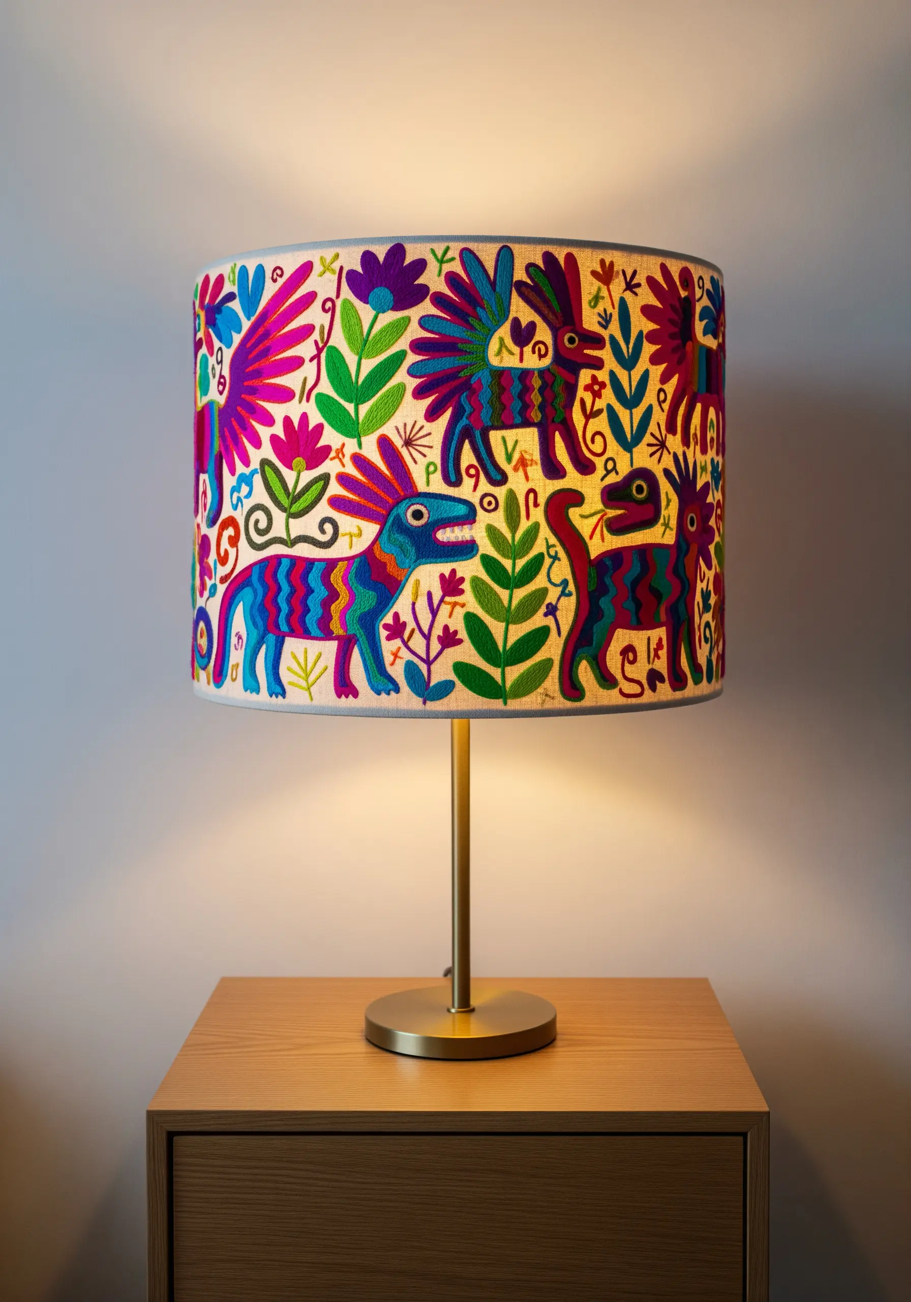 Vibrant Otomi-style folk art embroidery on a lampshade featuring colorful animals.