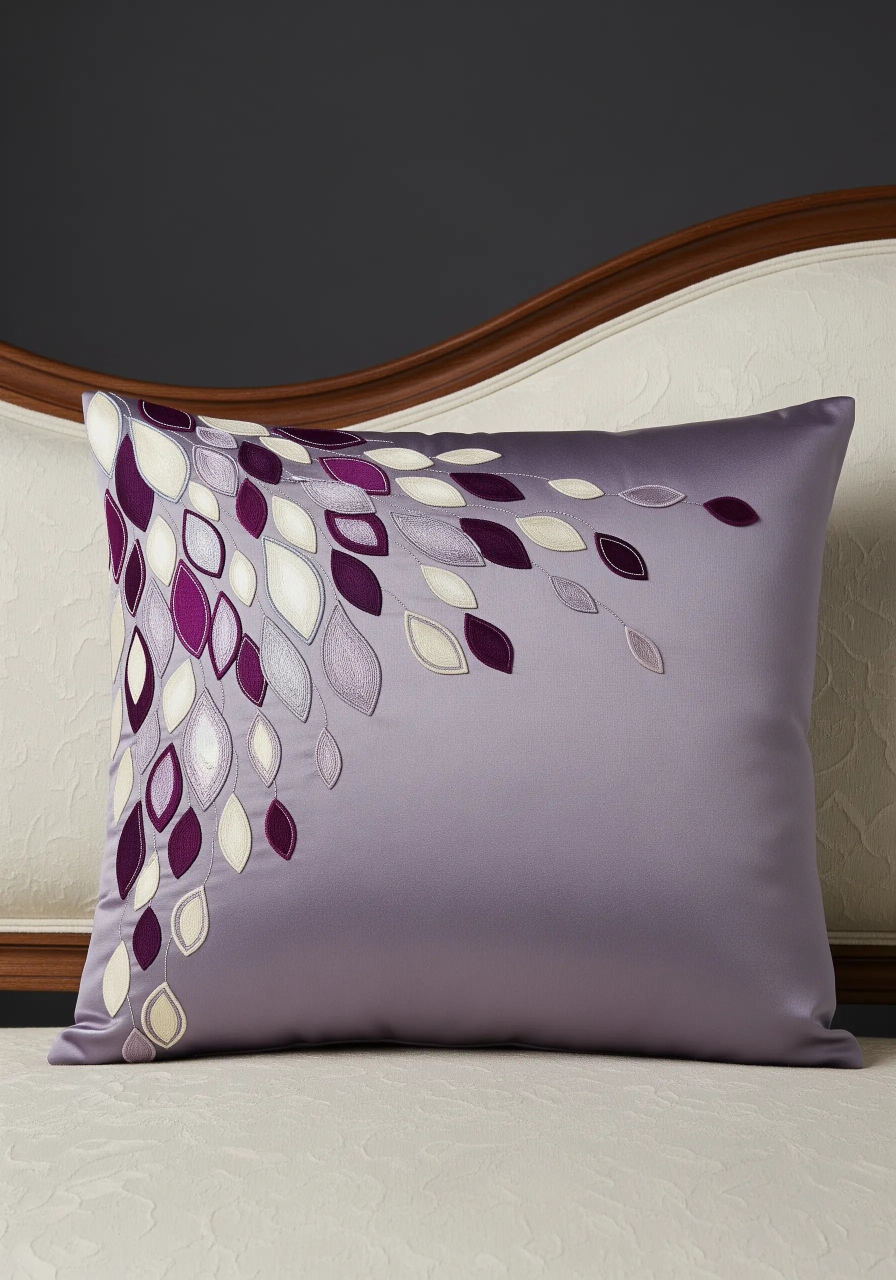 A purple satin pillow with a cascade of embroidered leaves in shades of purple and cream.