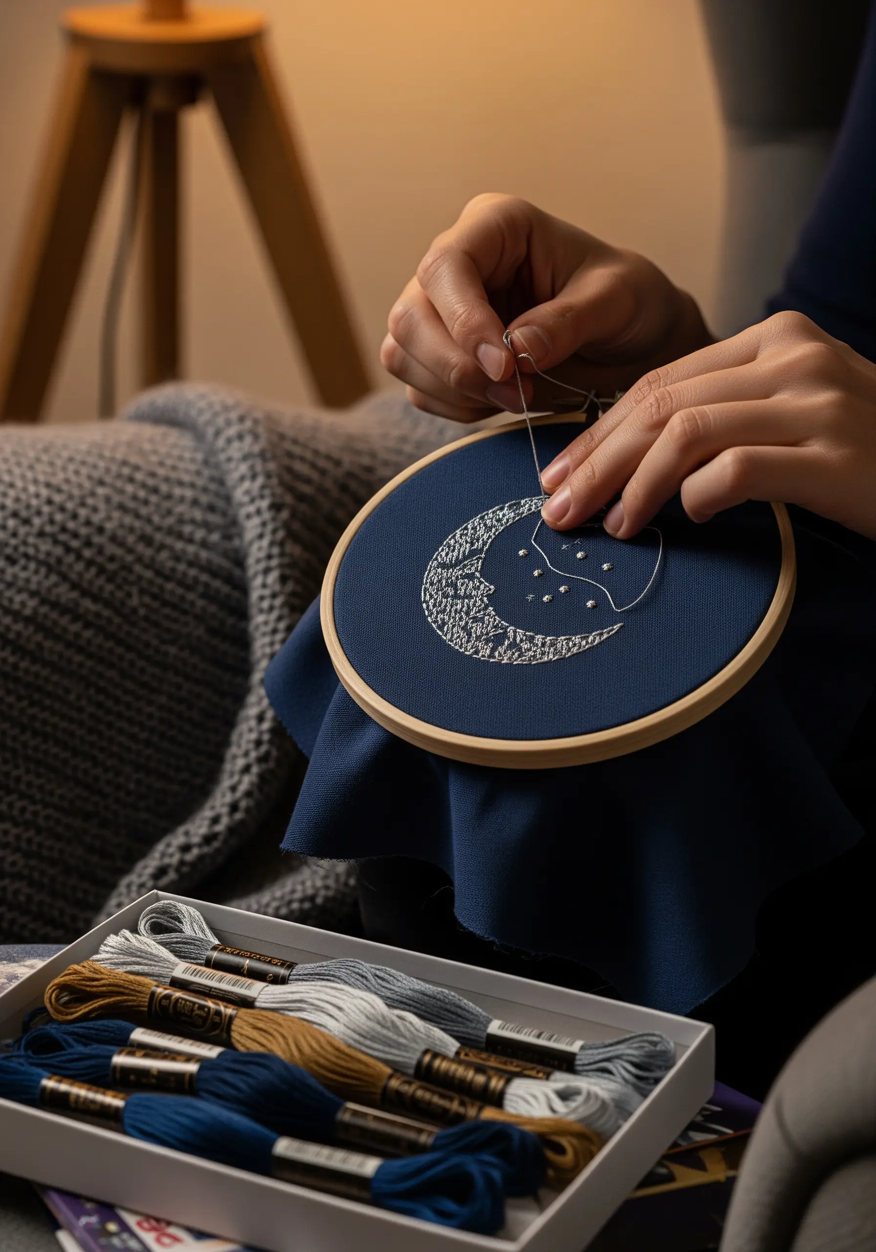 Close-up of hands stitching a textured moon with silver thread on dark blue fabric.