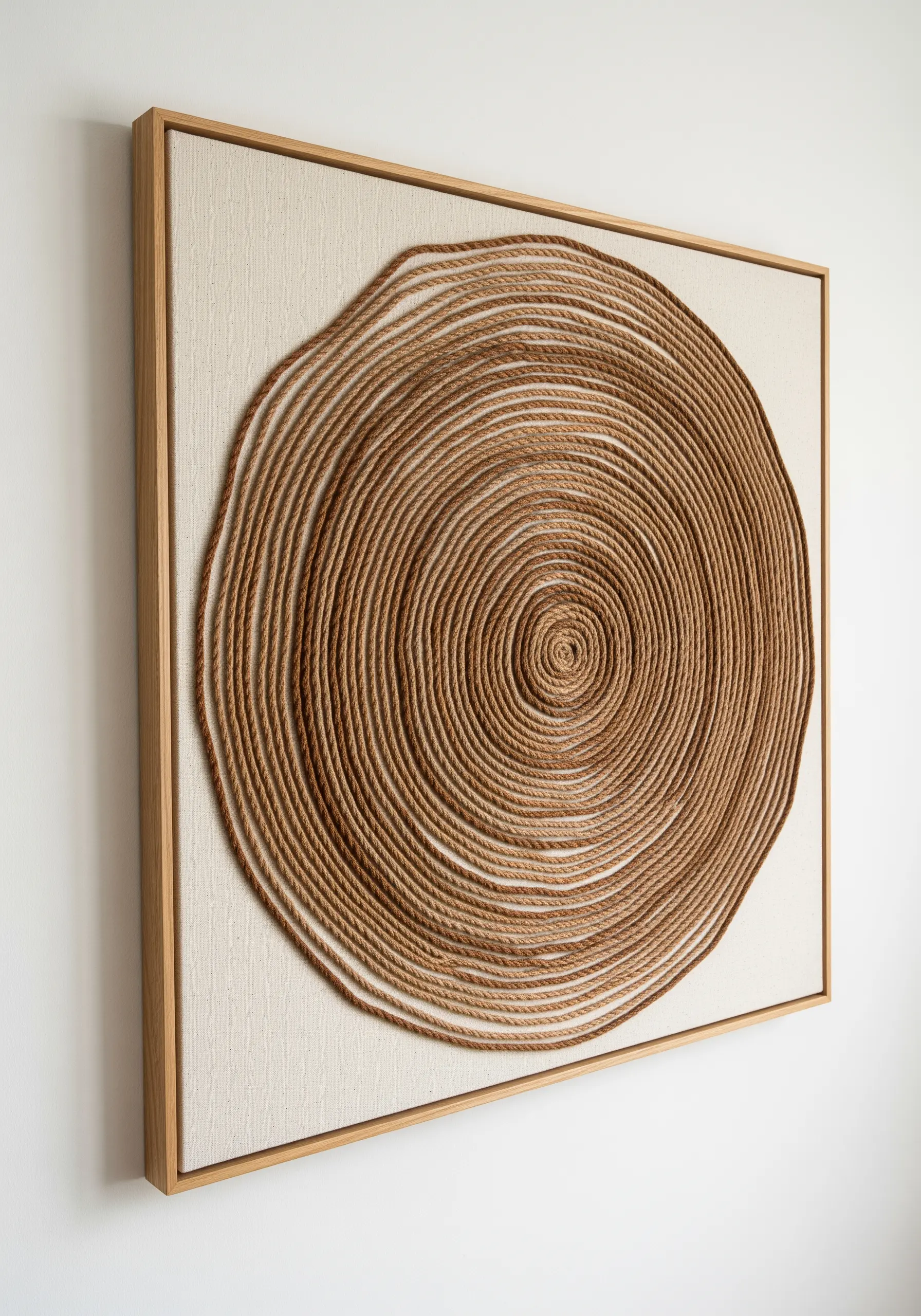 Framed wall art made of thick jute rope coiled into a large spiral on canvas.