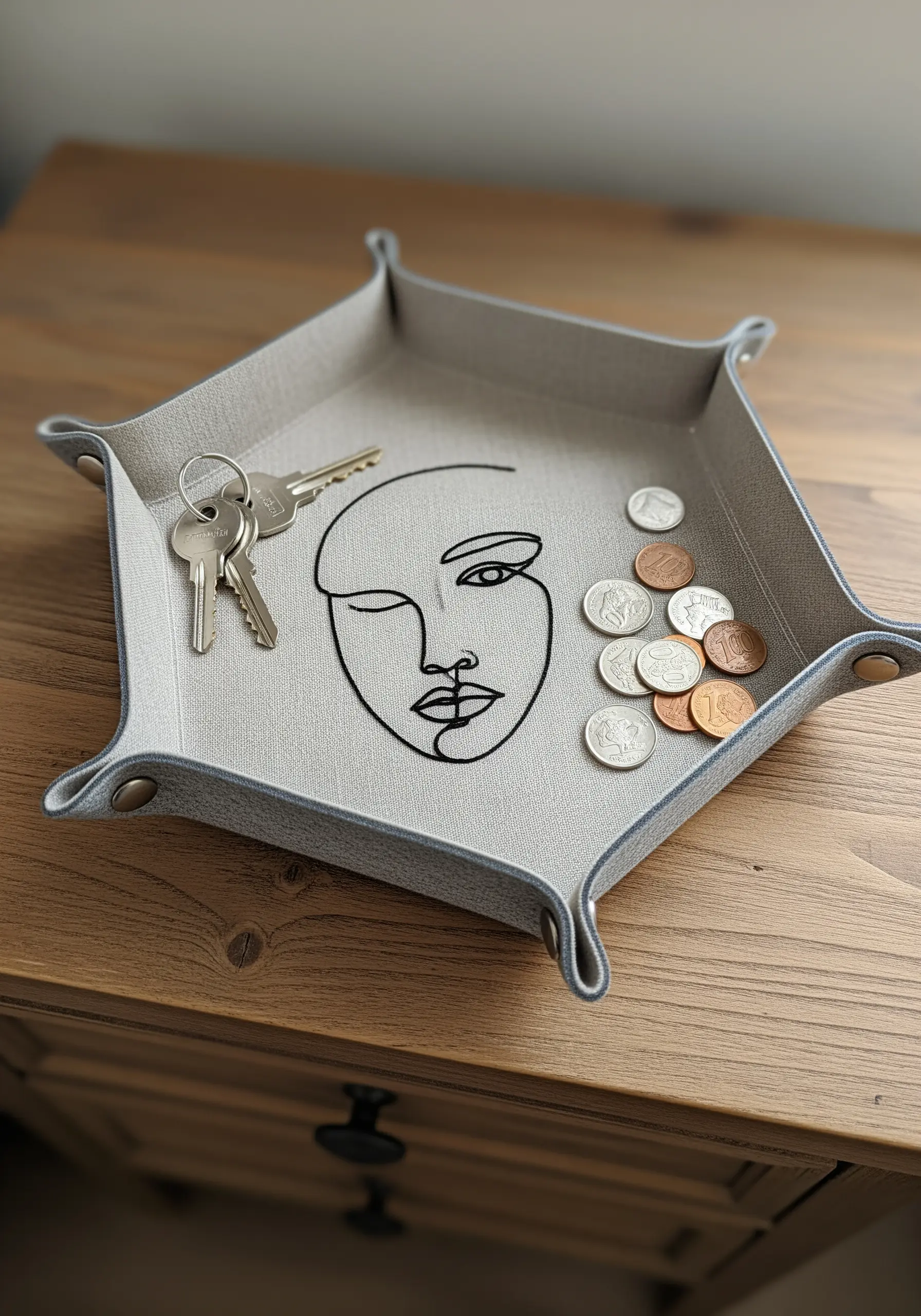 A grey catch-all tray with a single-line embroidered abstract face motif.