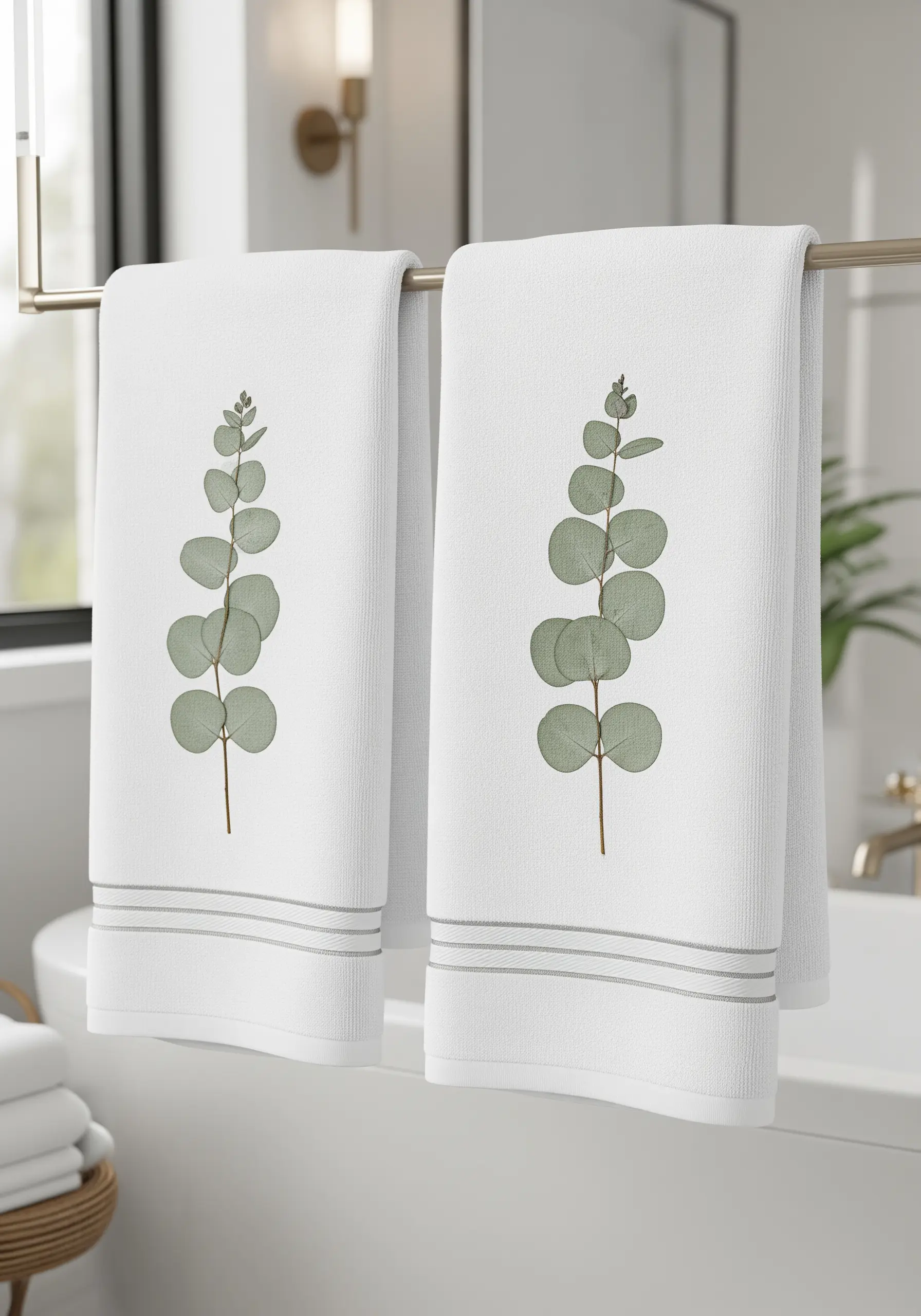 Two white towels hanging, each decorated with a single pressed eucalyptus branch and minimal stitches.