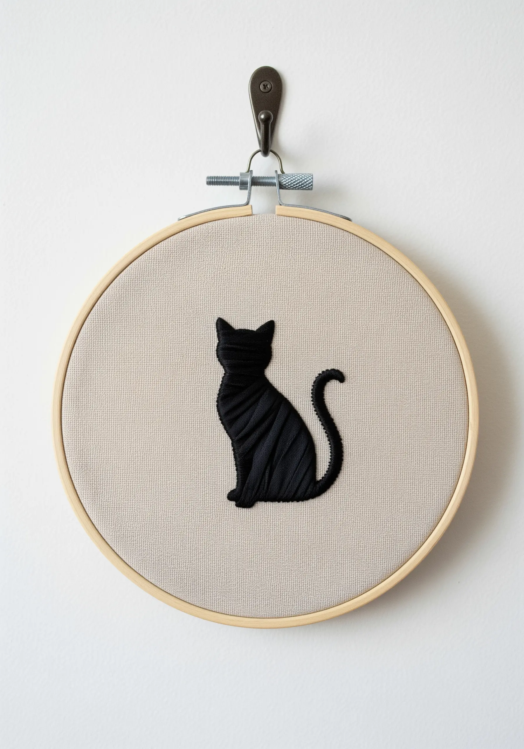A solid black cat silhouette embroidered with stitches that follow the body's curves.