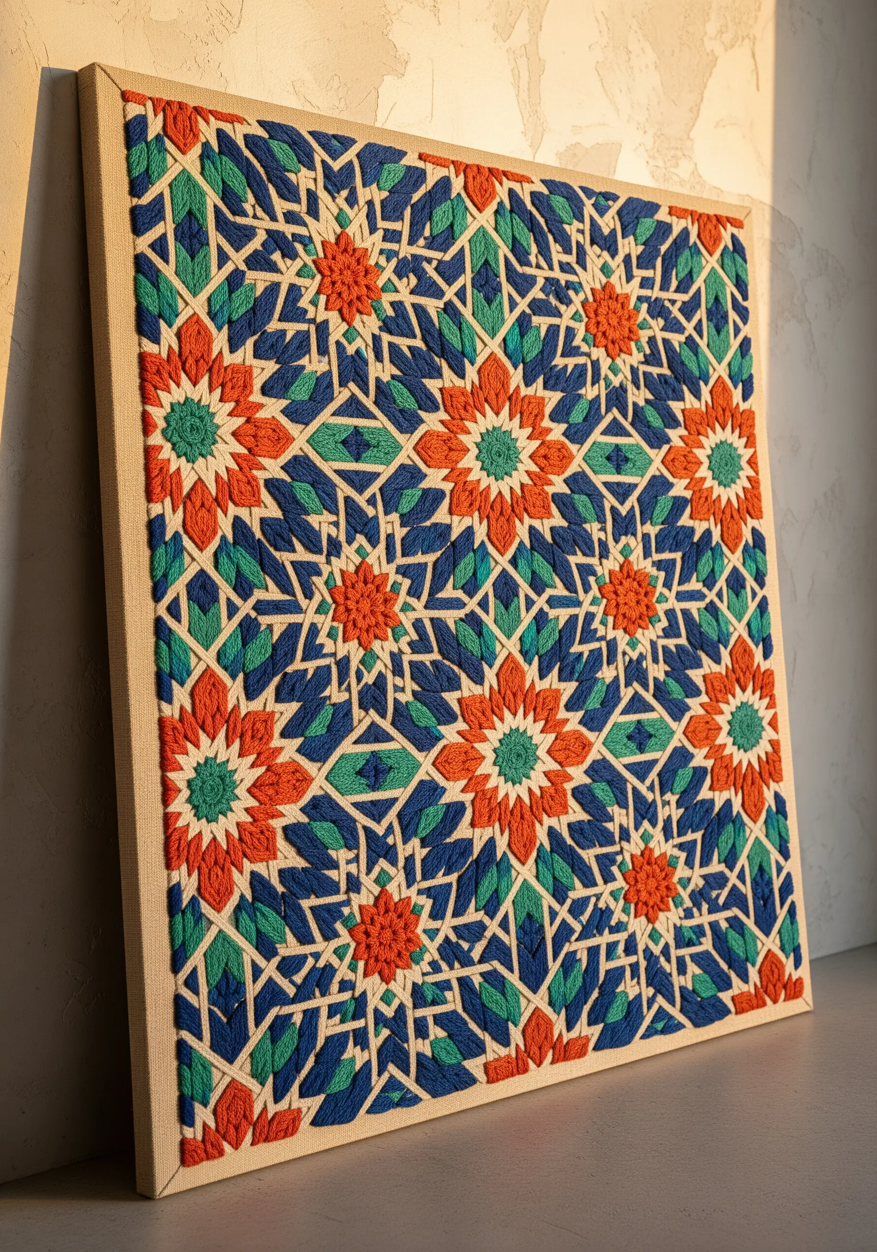 Geometric floral mosaic pattern in orange, blue, and green embroidery on canvas.