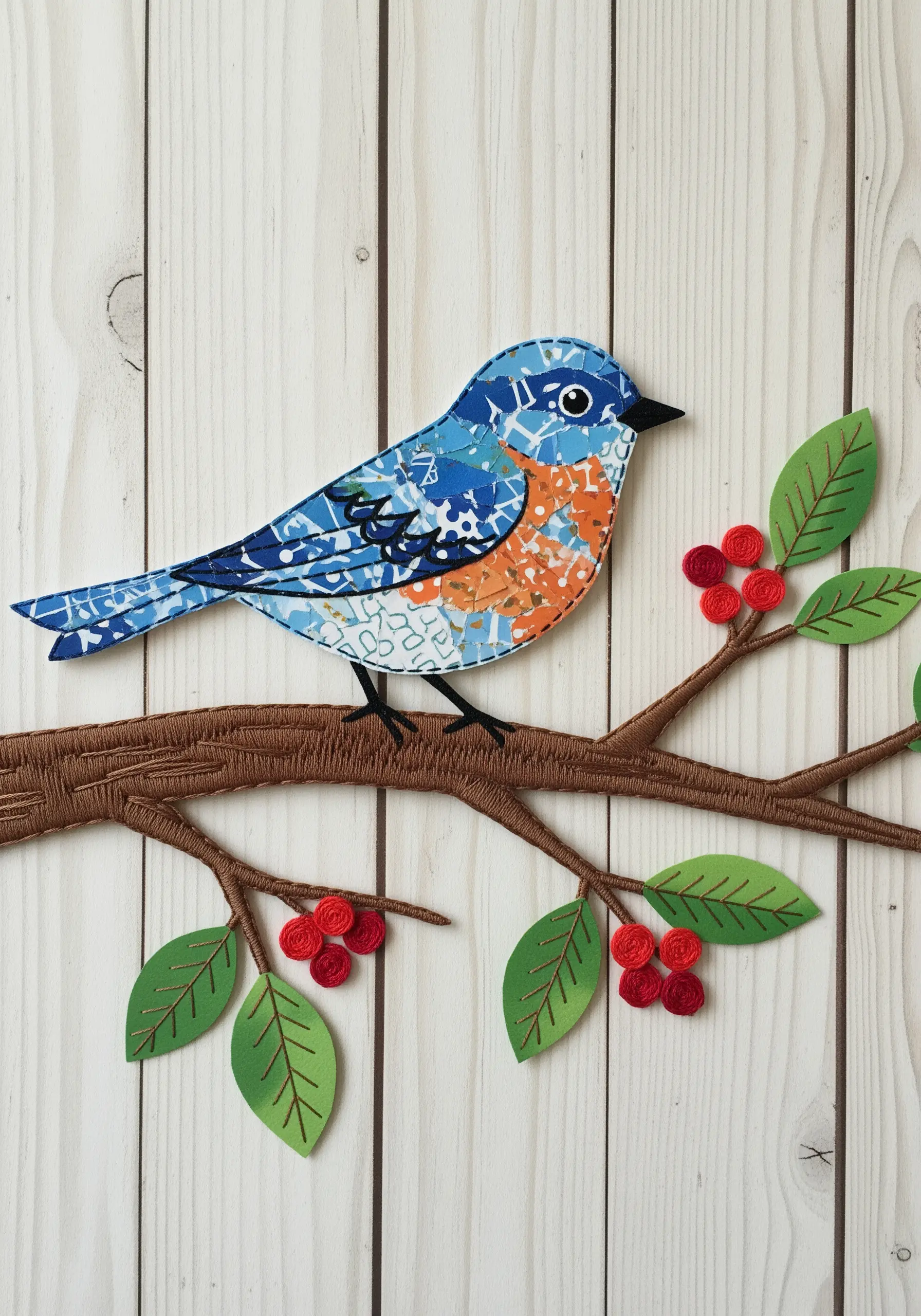 A bird made from a mosaic of blue and orange paper scraps, perched on a thread-wrapped branch.