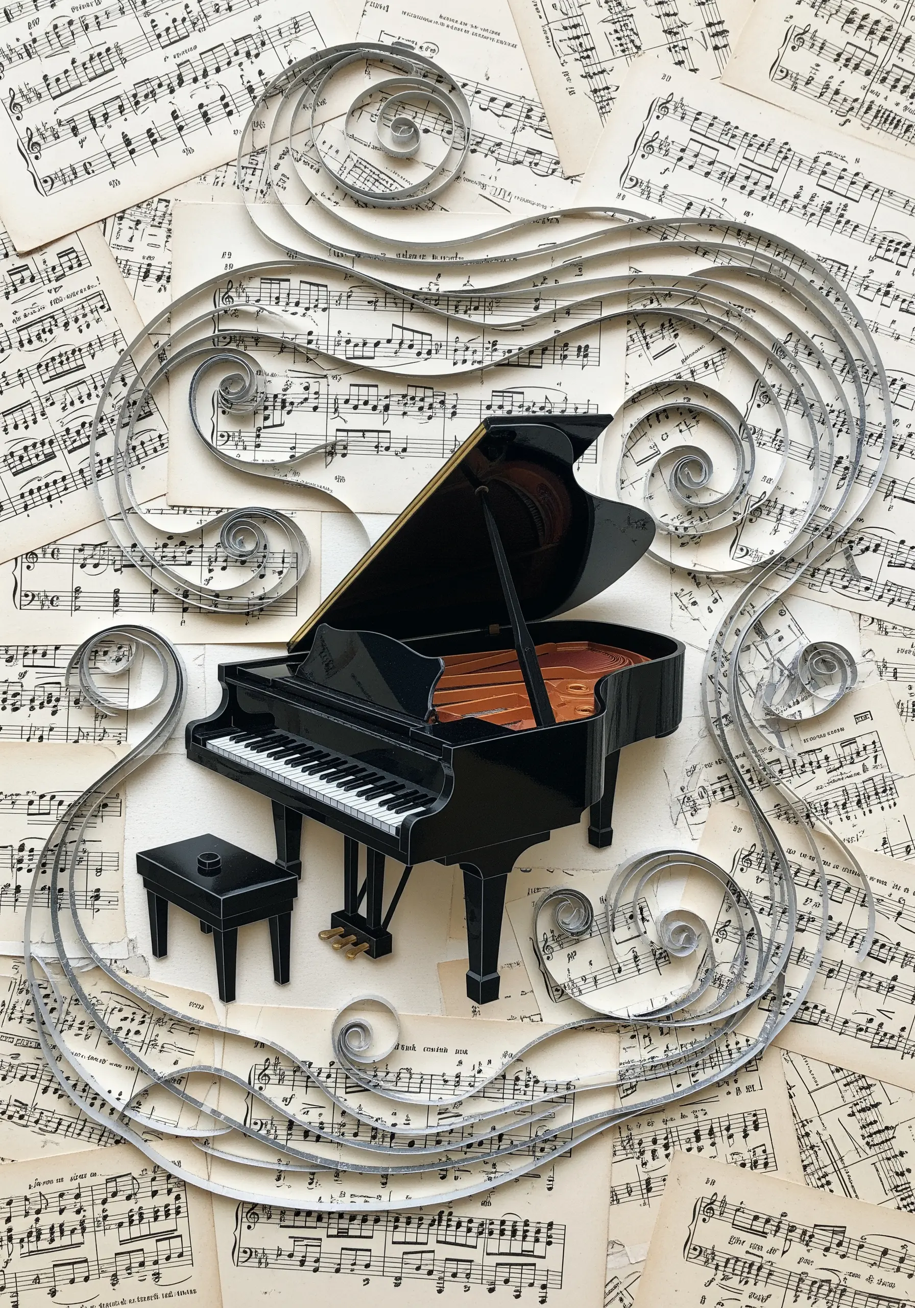 A paper collage of a grand piano set against a background of swirling sheet music.