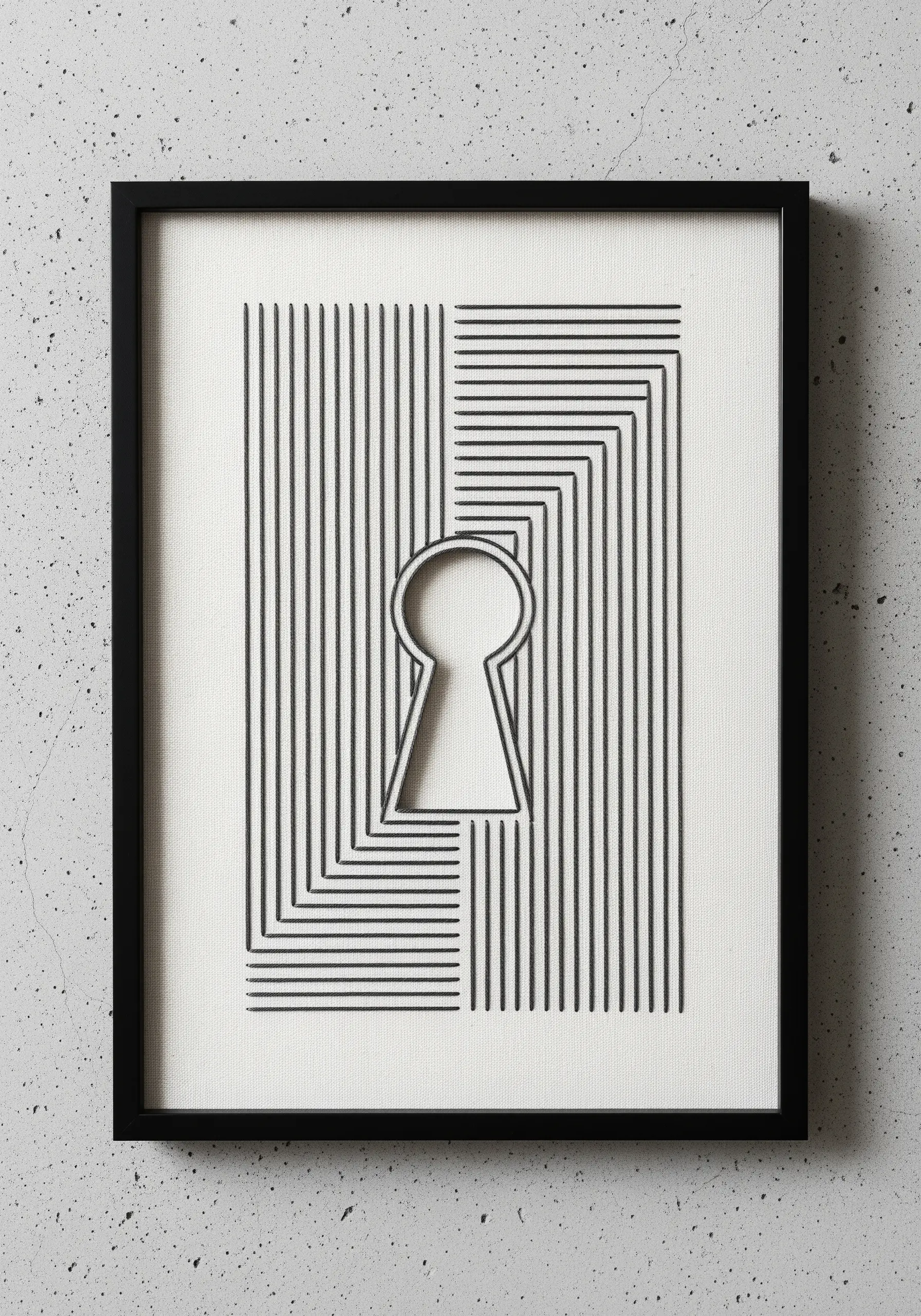 A keyhole in negative space, created by converging straight black stitches that create perspective.