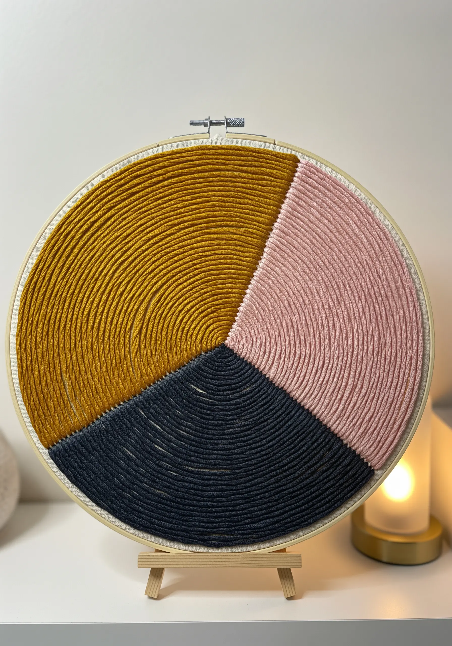 Embroidery hoop with three color-blocked sections filled with spiraling straight stitches.