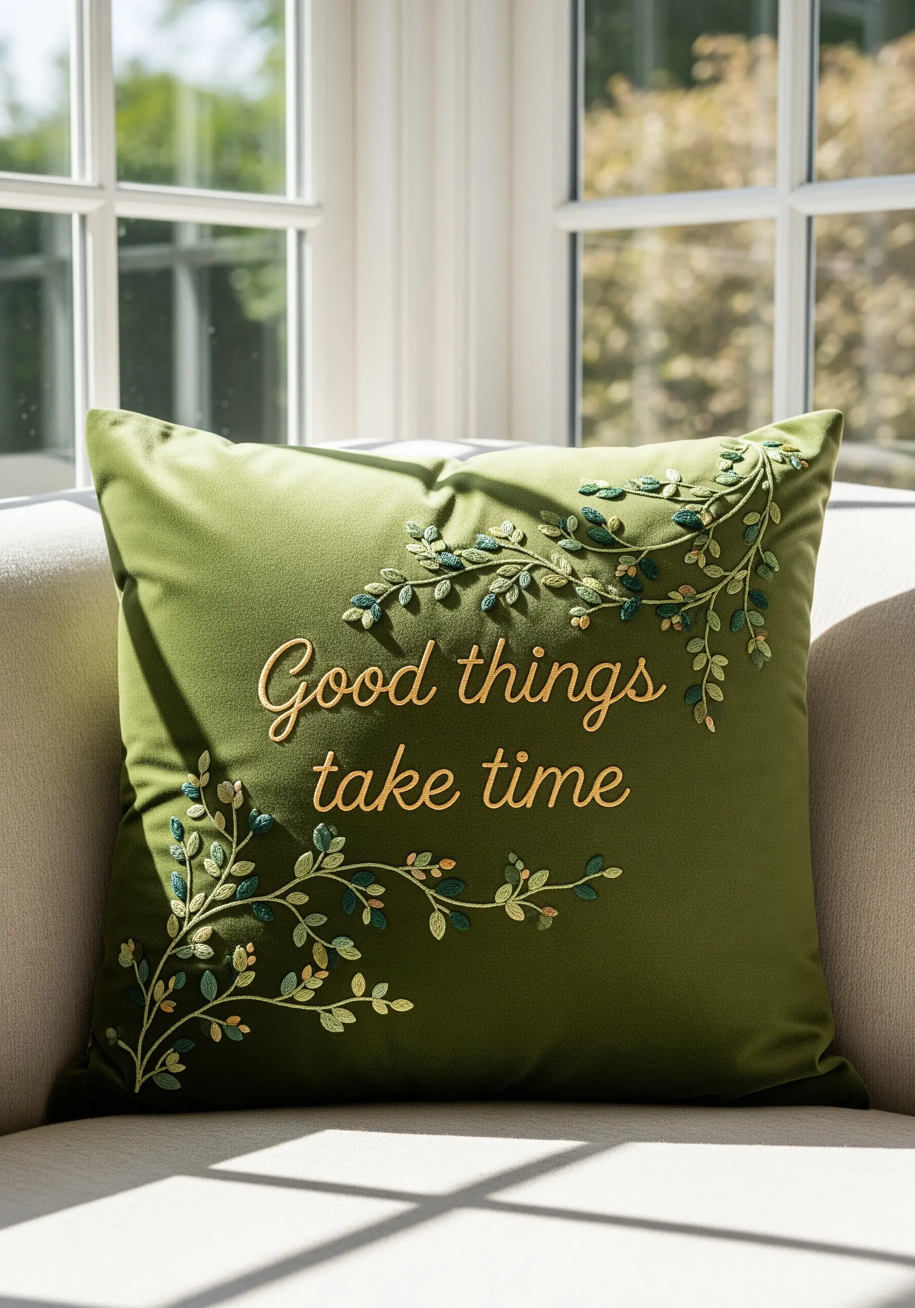 Asymmetrically placed quote with delicate botanical vines embroidered on a green velvet pillow.