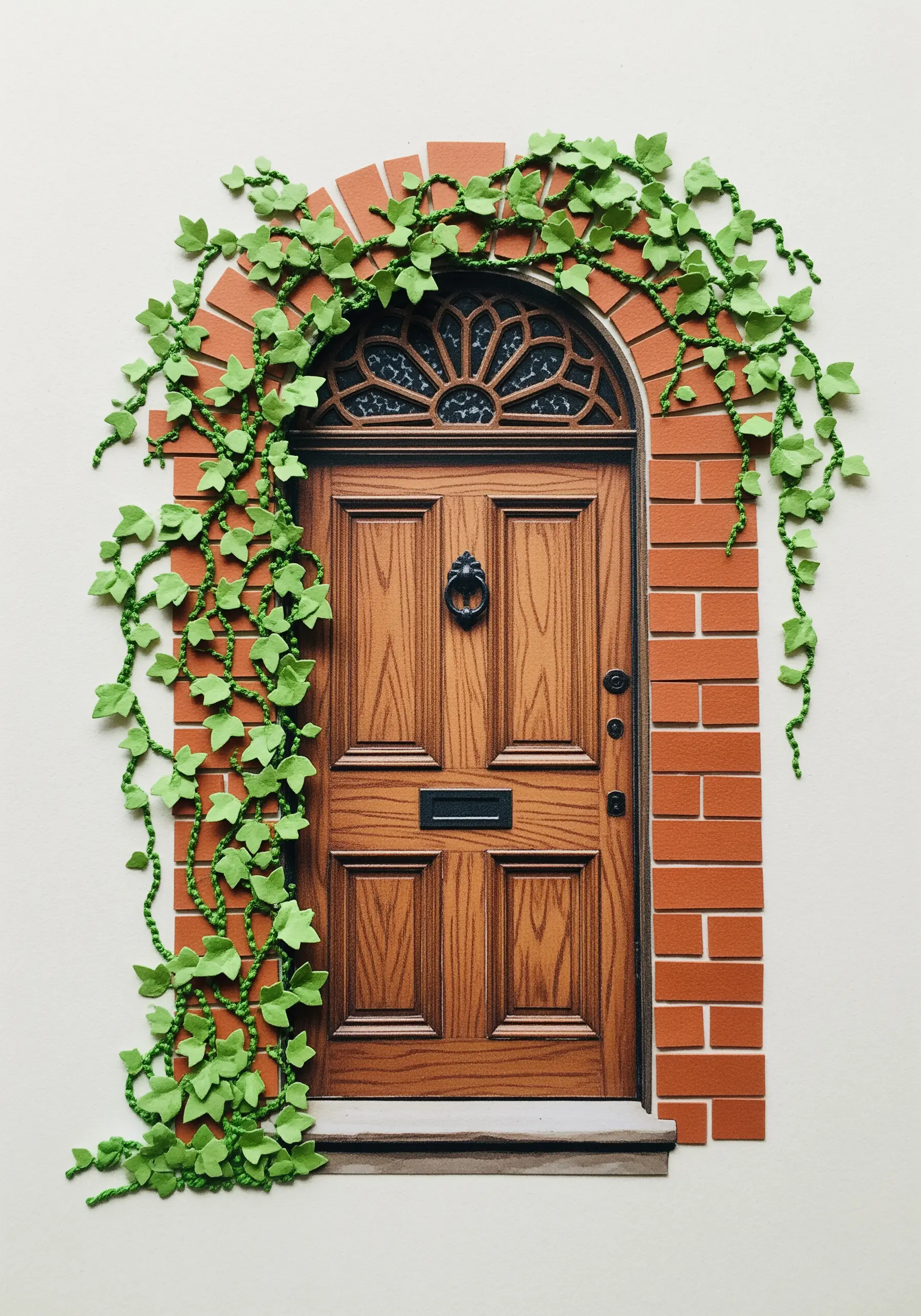 A detailed paper collage of a wooden door with lush, three-dimensional ivy climbing an archway.