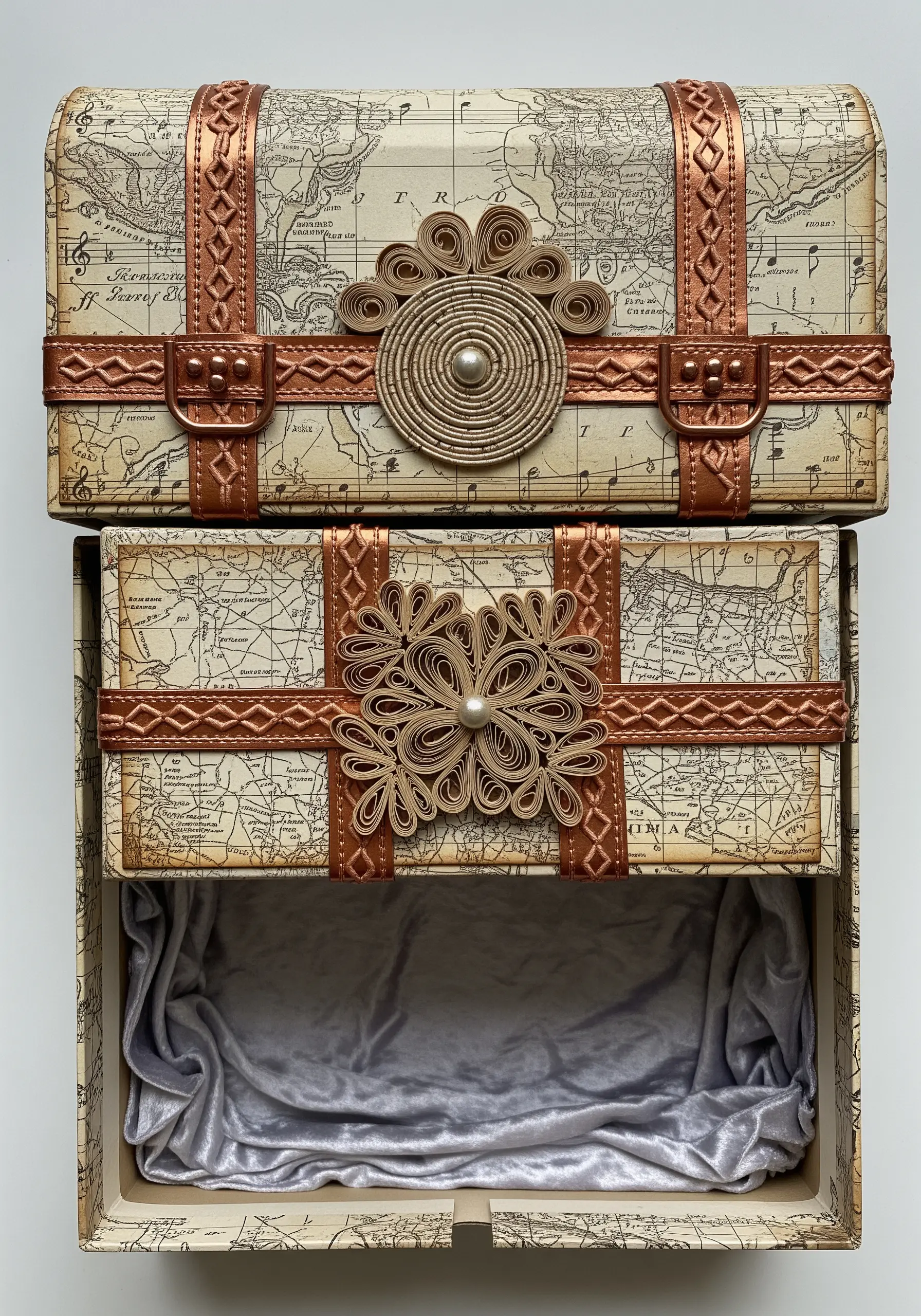 A treasure box decorated with vintage map paper and intricate paper quilling details.