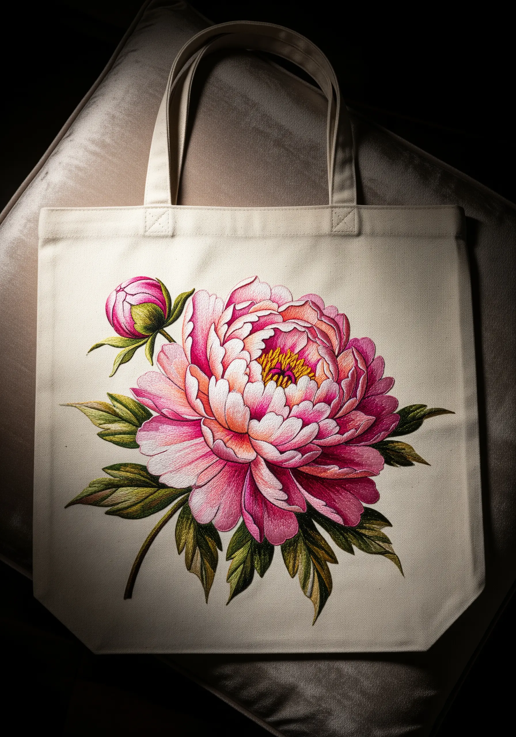 A large, painterly pink peony embroidered with intricate color blending and shading.