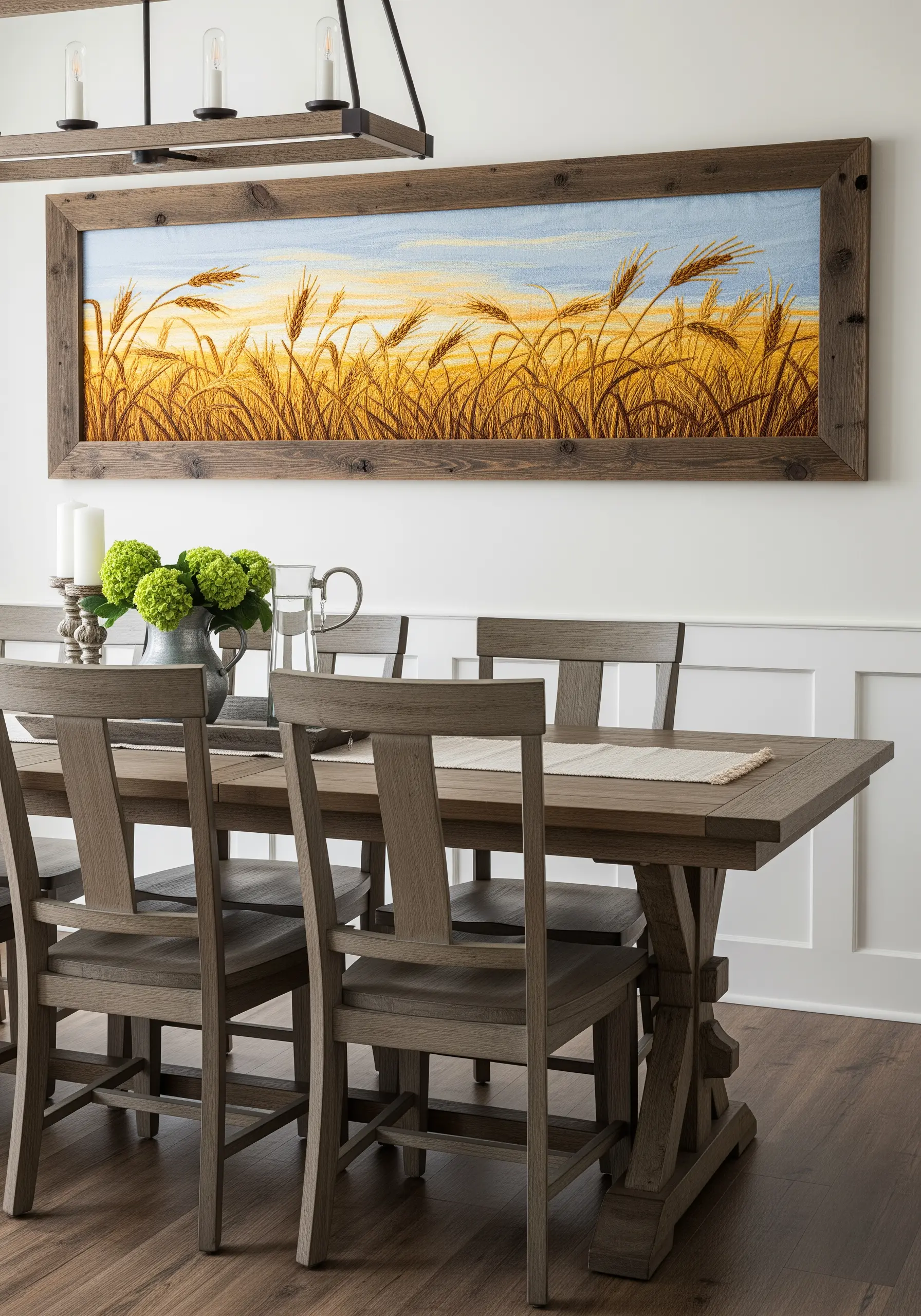 A panoramic framed embroidery of a golden wheat field under a blue and yellow sky.