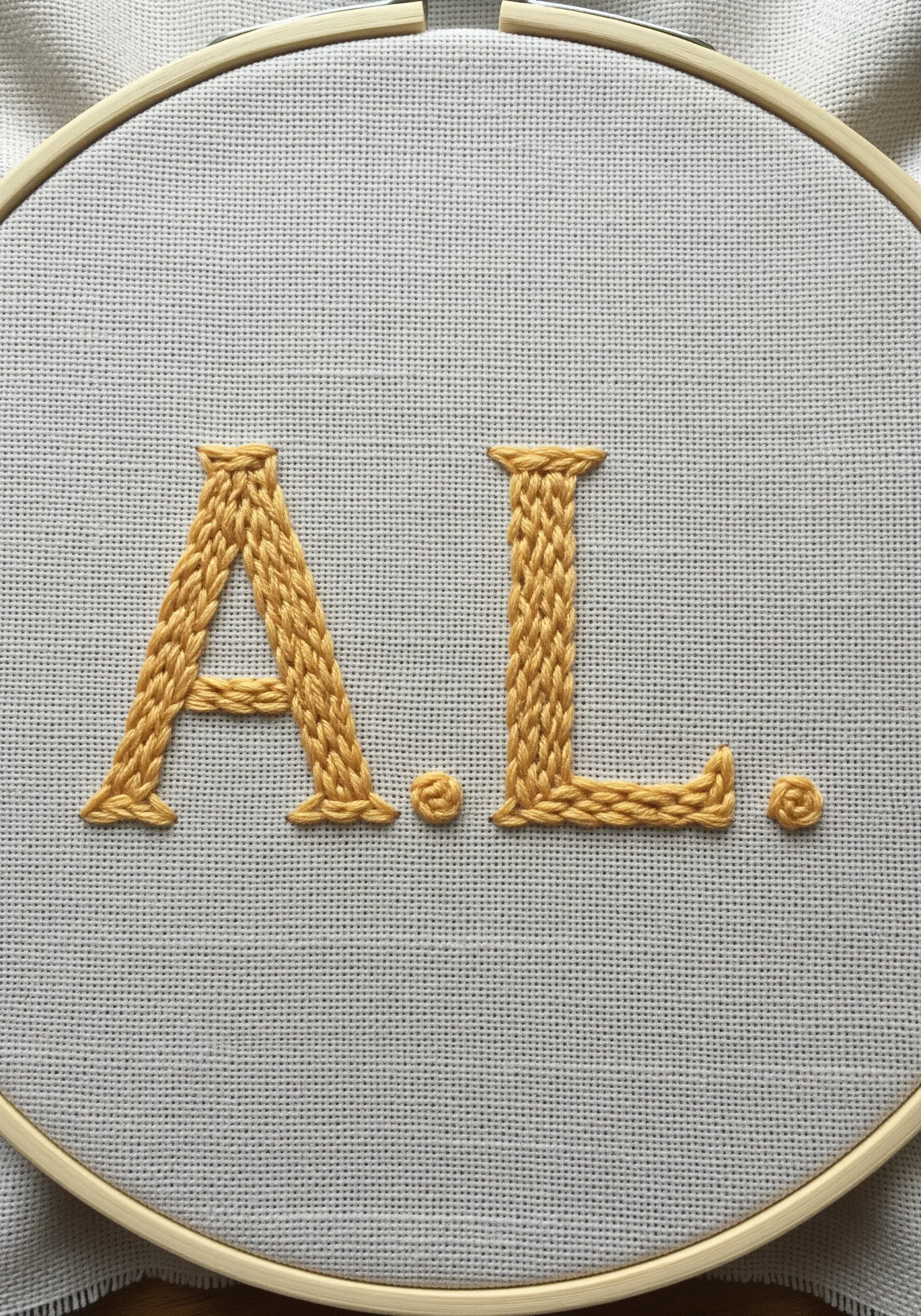 Gold initials 'A.L.' filled with a decorative herringbone stitch.