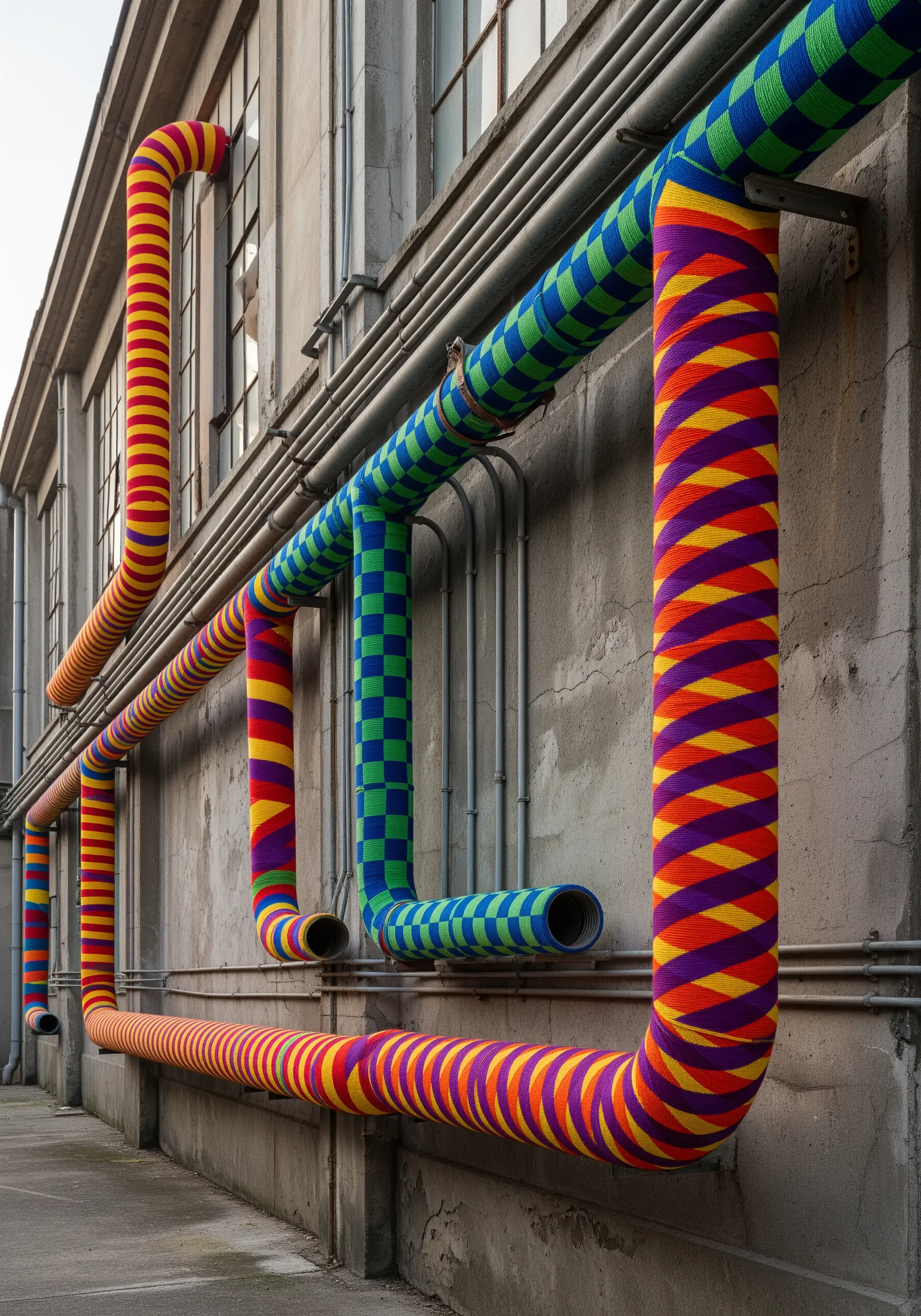 Industrial pipes on a building wrapped in colorful yarn, creating vibrant geometric patterns.