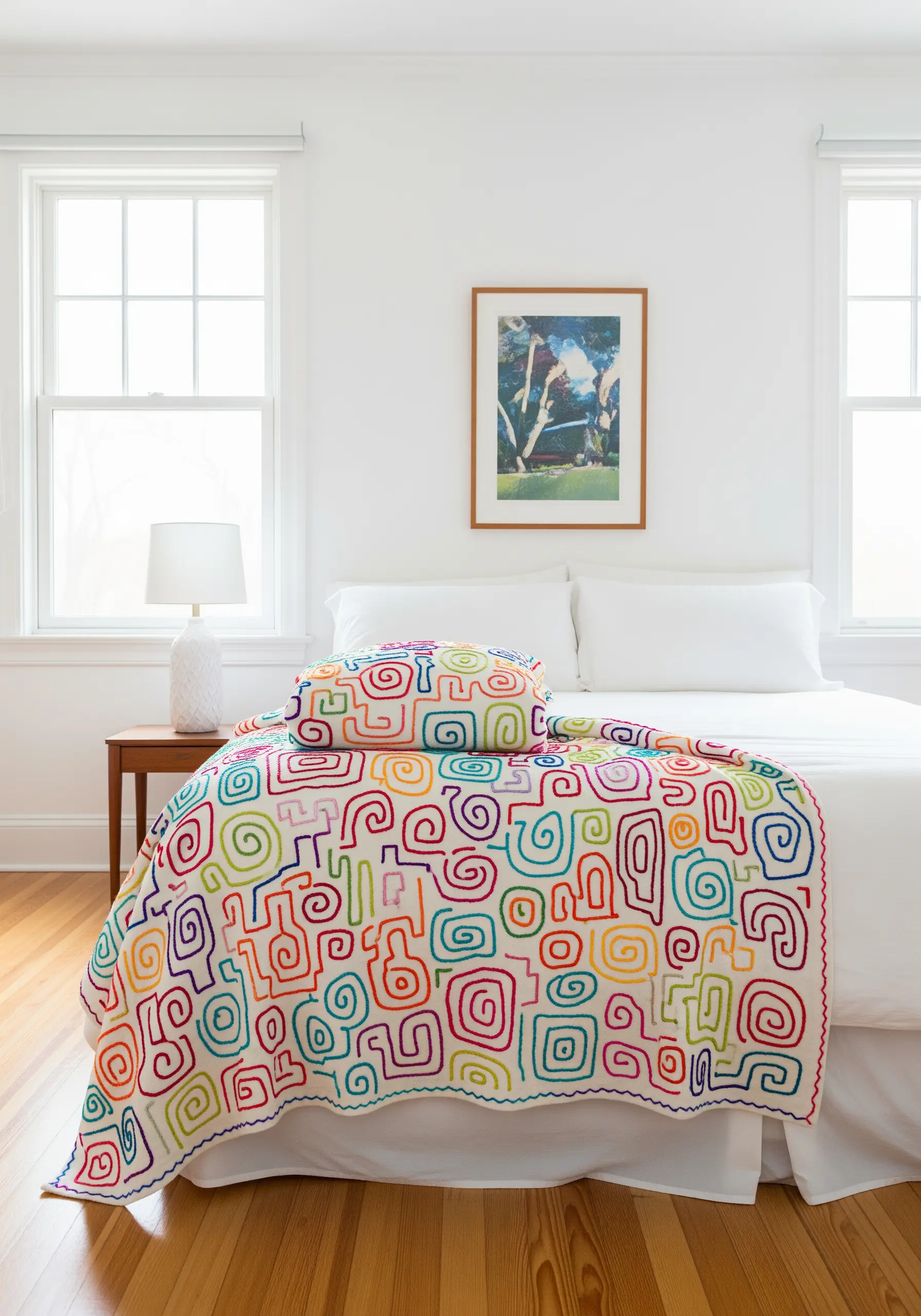 A colorful blanket covered in a continuous, meandering line pattern stitched in bright colors.