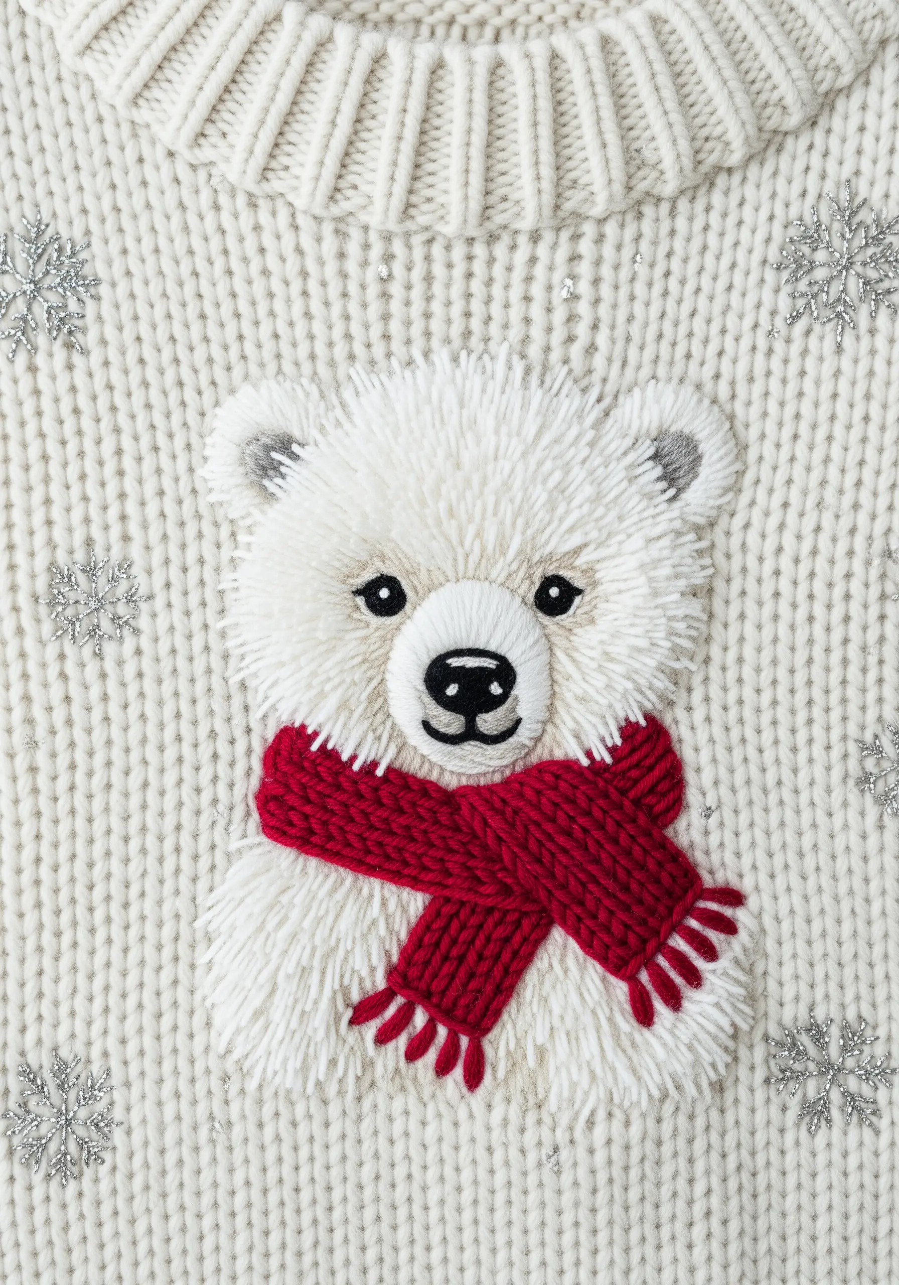 Fluffy polar bear embroidered on a knit sweater with a red scarf and silver snowflakes.