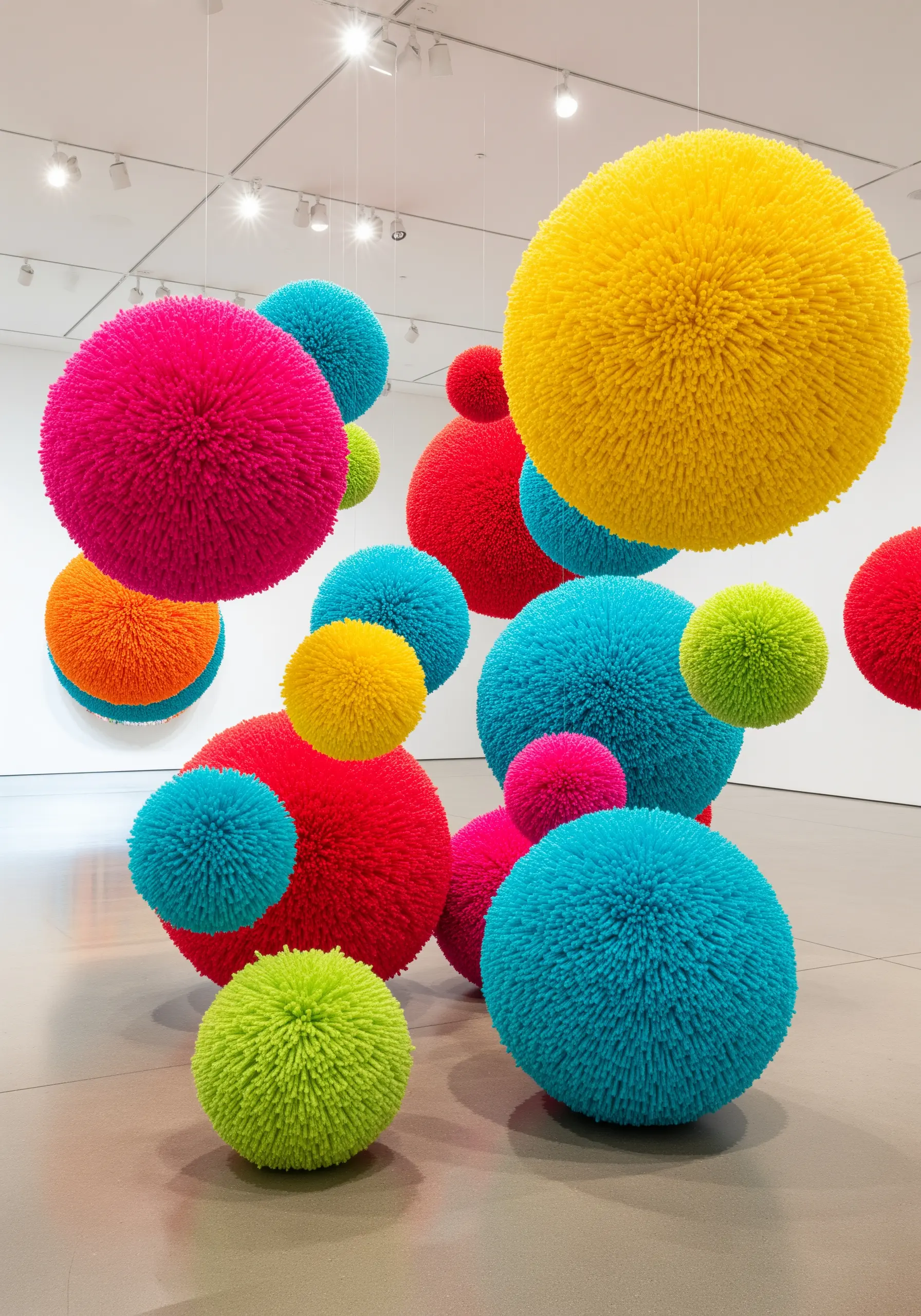 An installation of large, brightly colored spherical shapes covered in dense yarn.