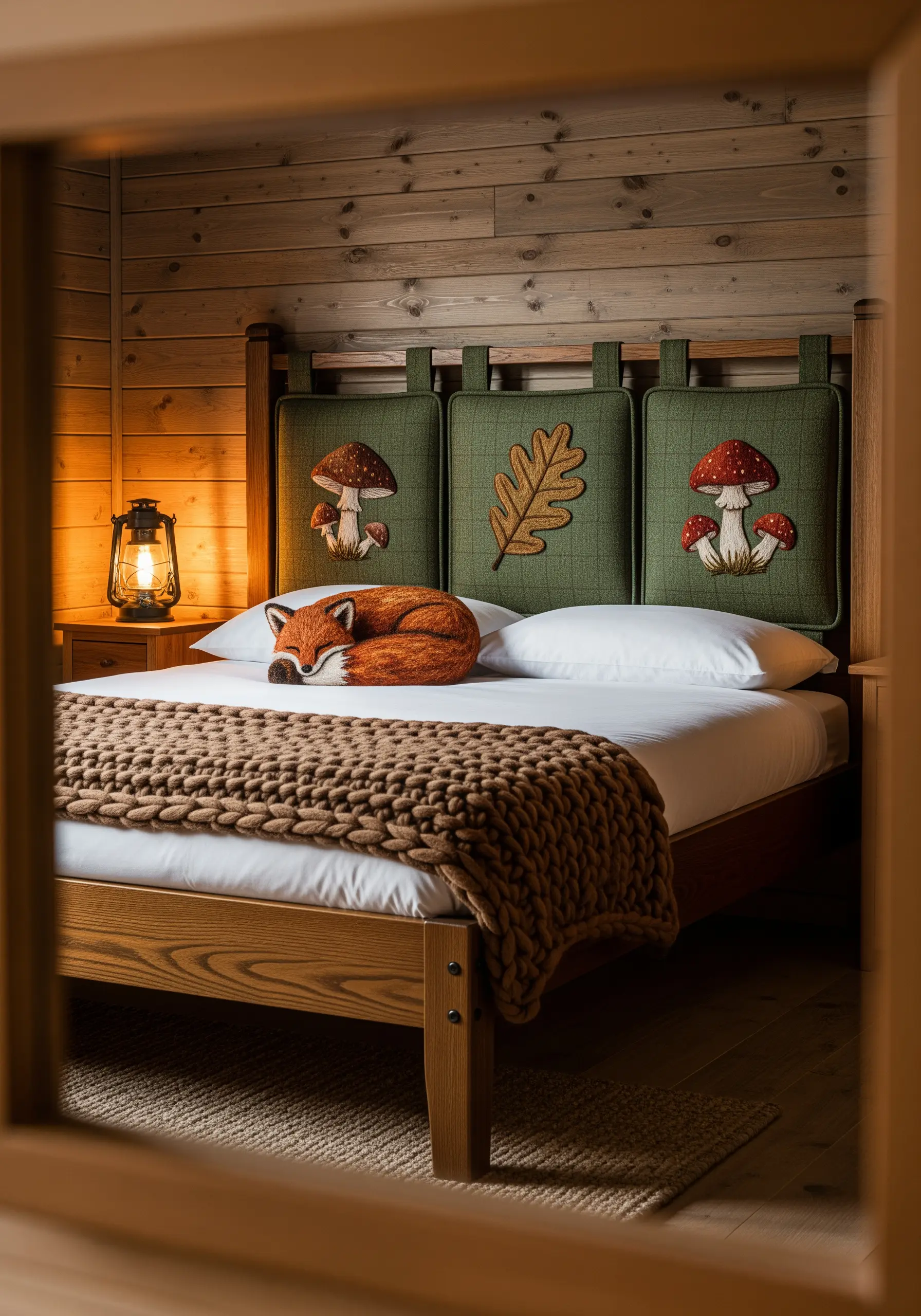 Plush, 3D embroidered mushrooms and an oak leaf on a rustic green headboard.