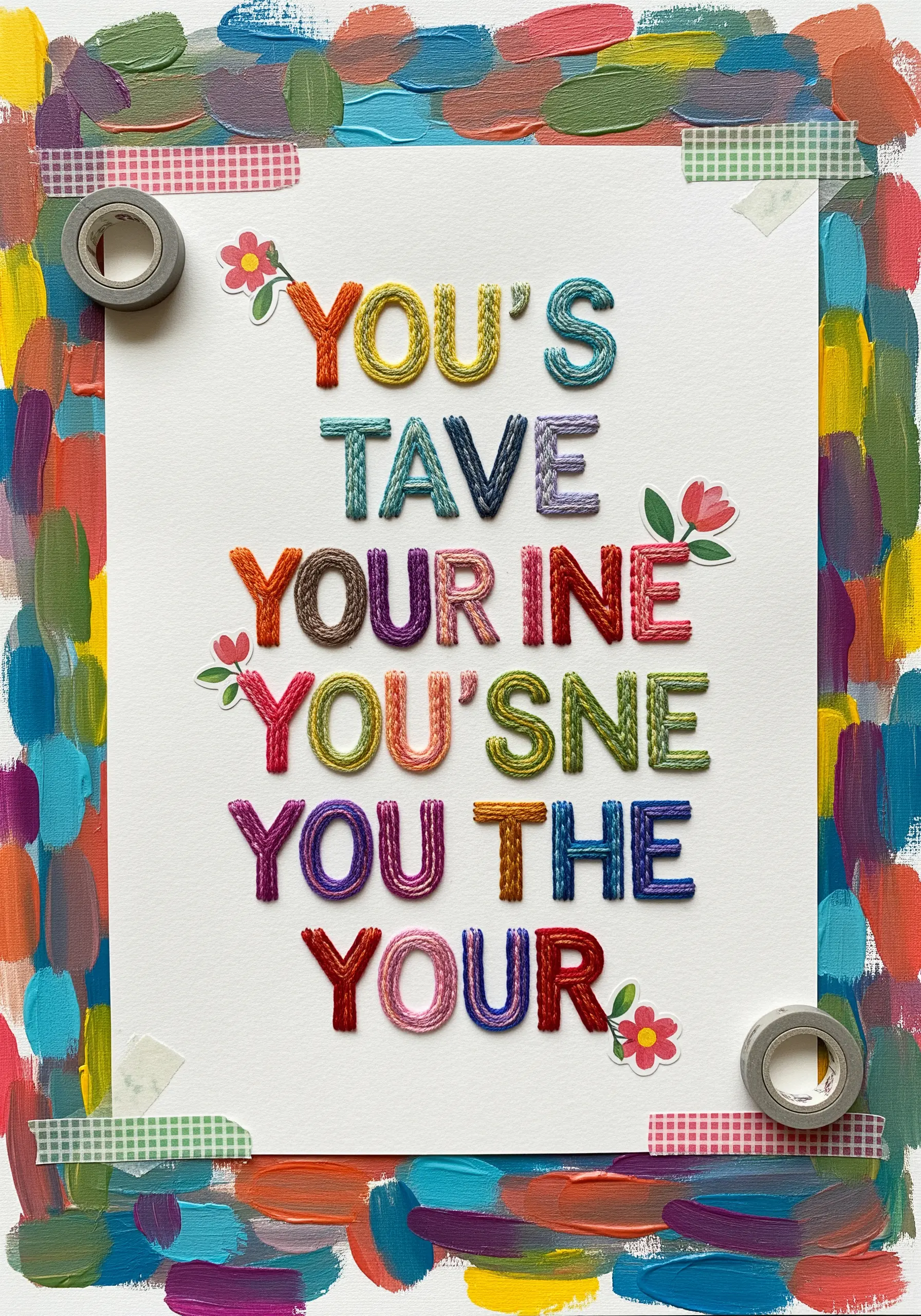 Colorful, chunky satin-stitched lettering on paper, framed by paint and washi tape.