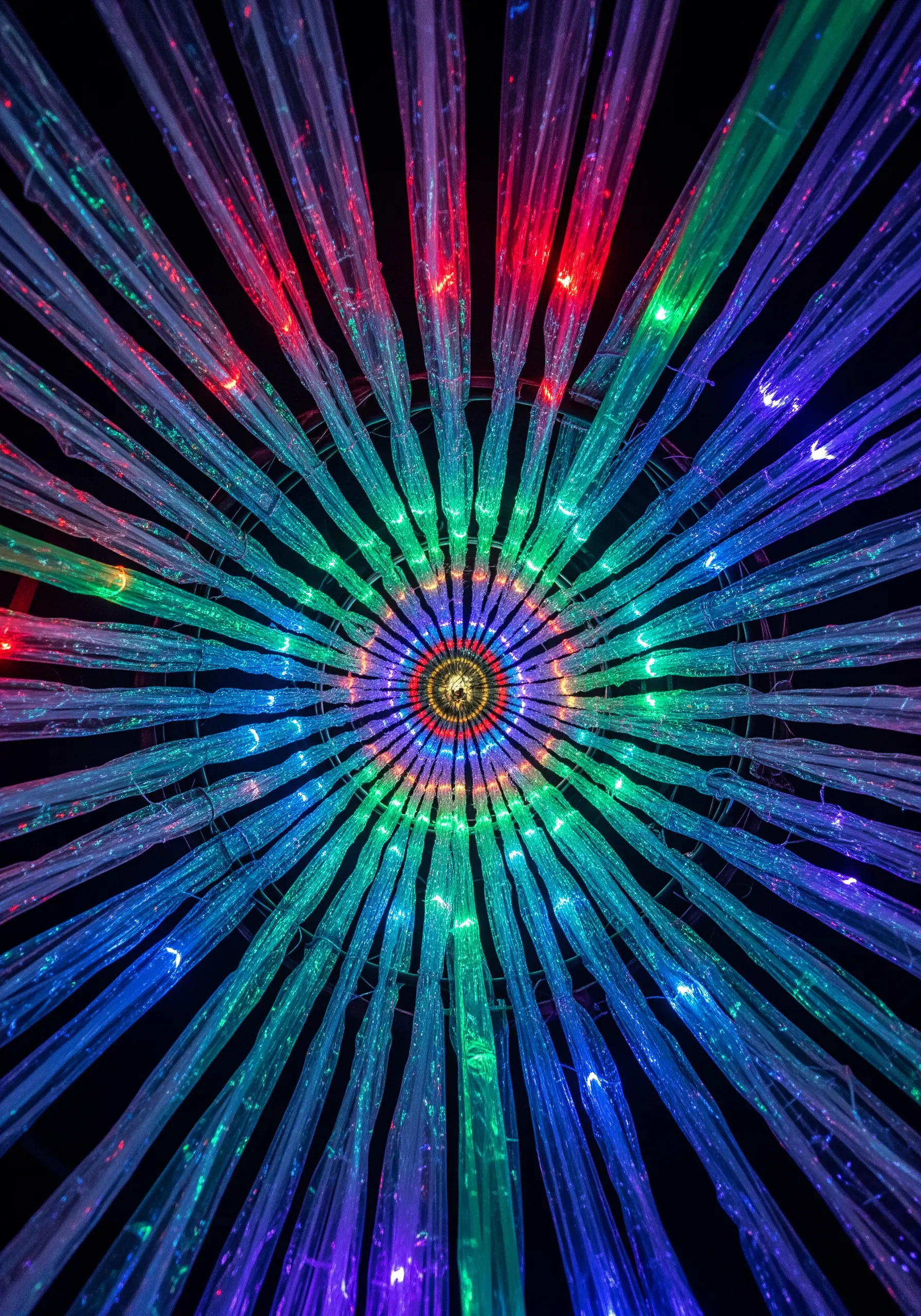 A radial embroidery design with colors blending from a bright center outwards.