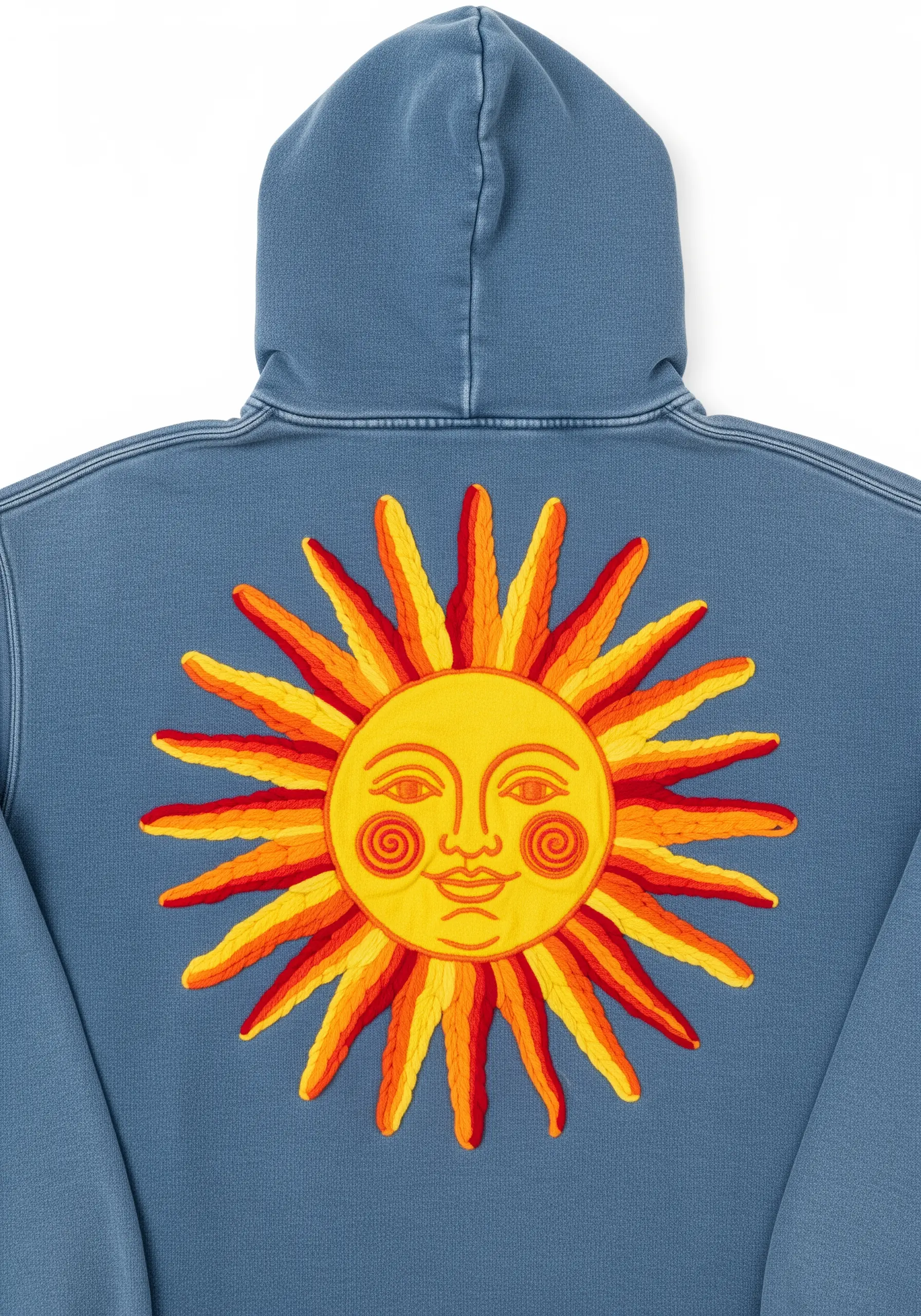 A large, stylized sun with a face and radiating orange and red rays on a blue hoodie's back.