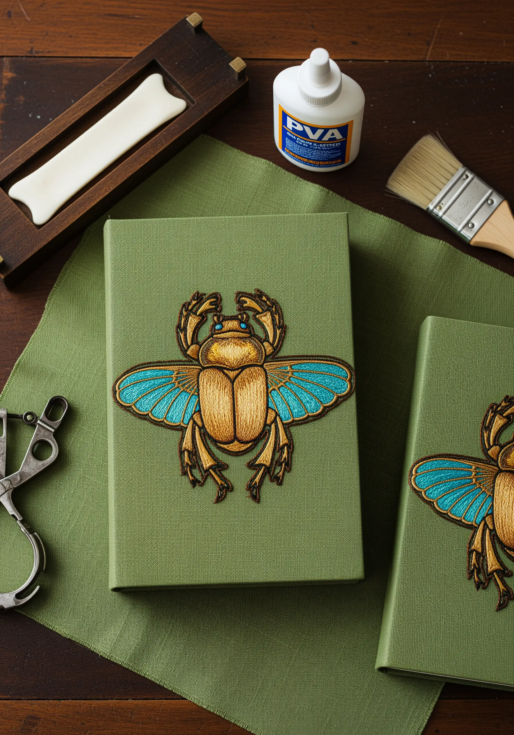 A raised, embroidered patch of an Egyptian scarab beetle with turquoise wings on a green book cover.