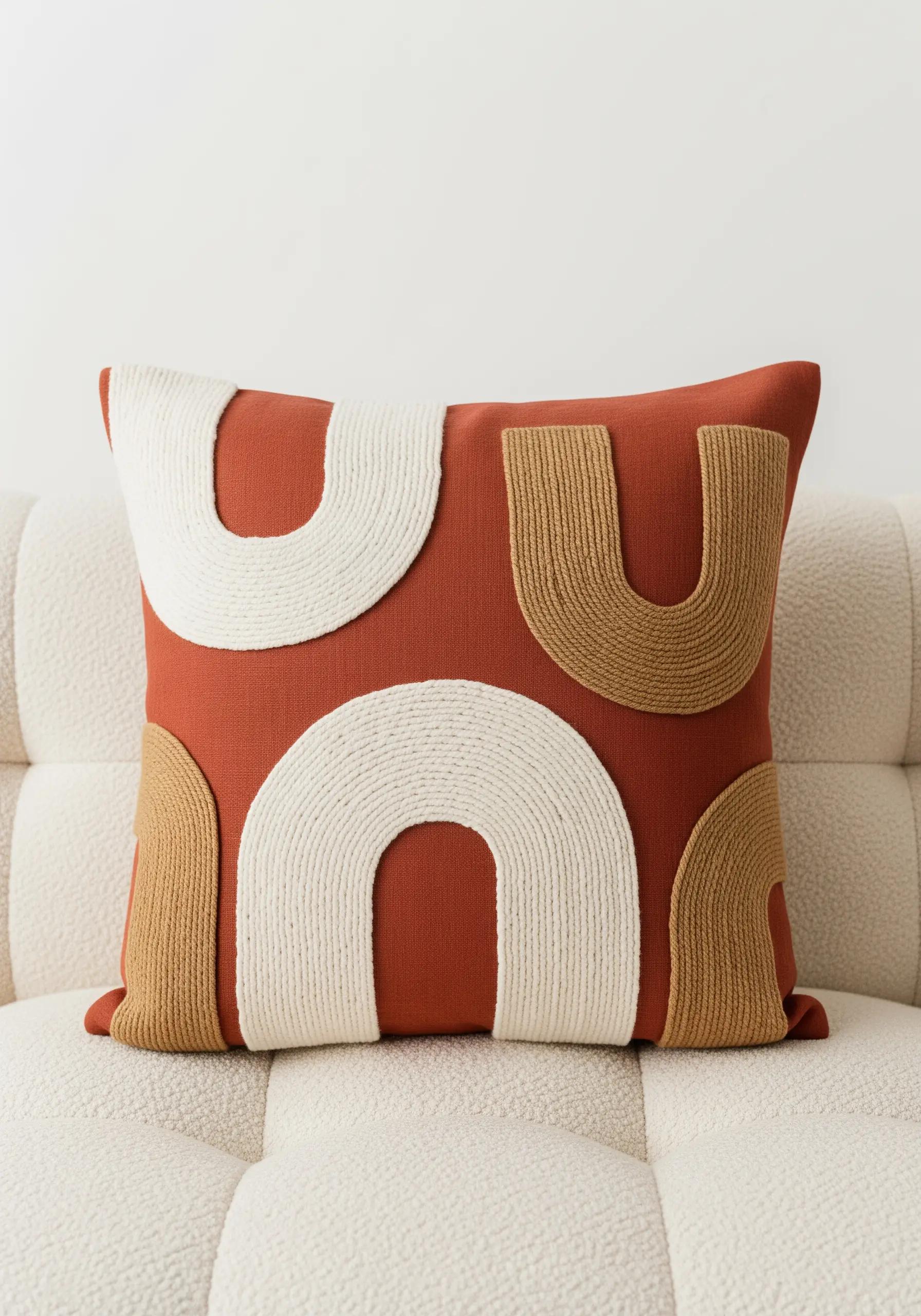 Close-up of a rust-colored pillow with chunky, couched yarn in abstract arch shapes.
