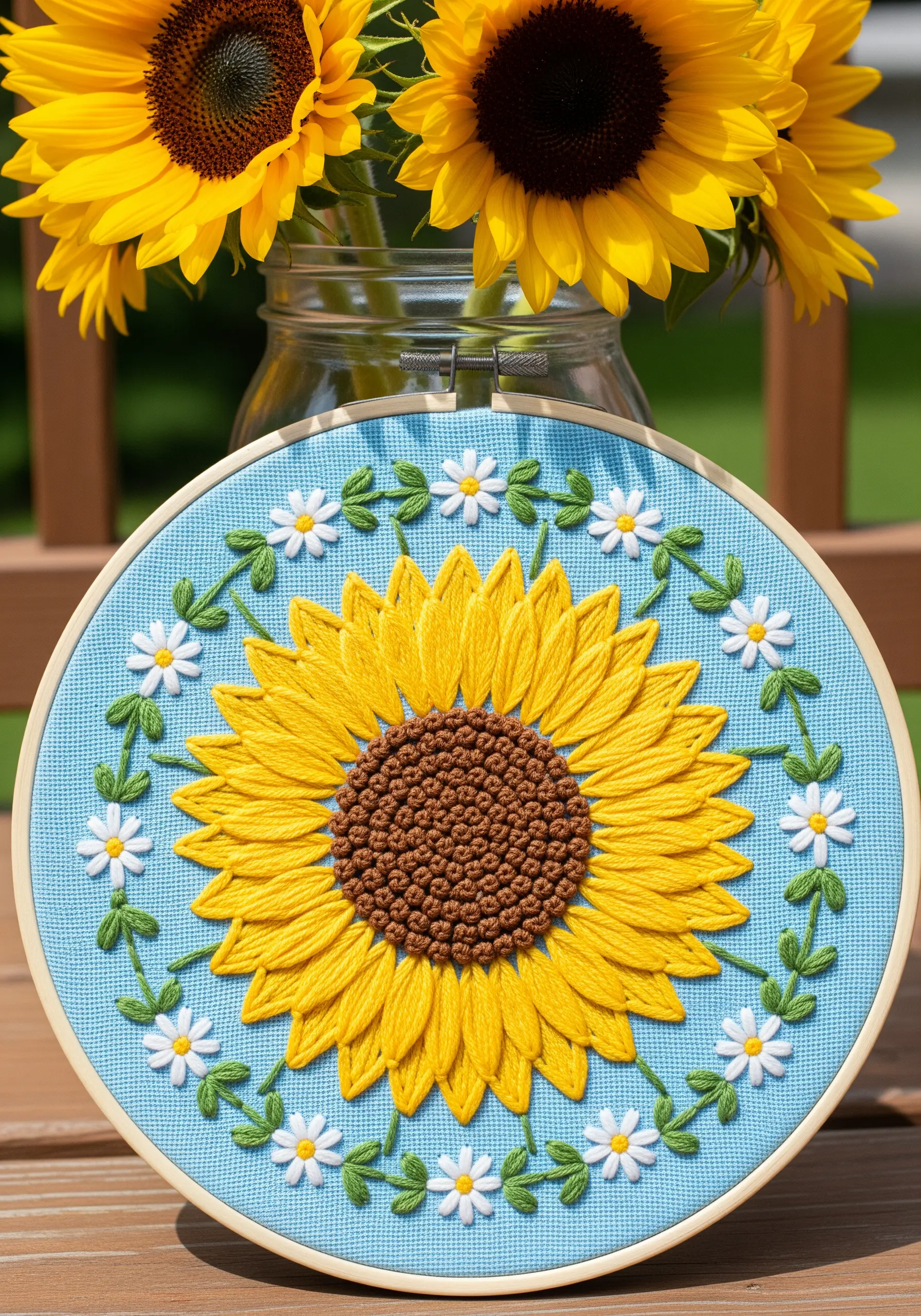 A vibrant sunflower mandala with layered satin stitch petals and a French knot center.