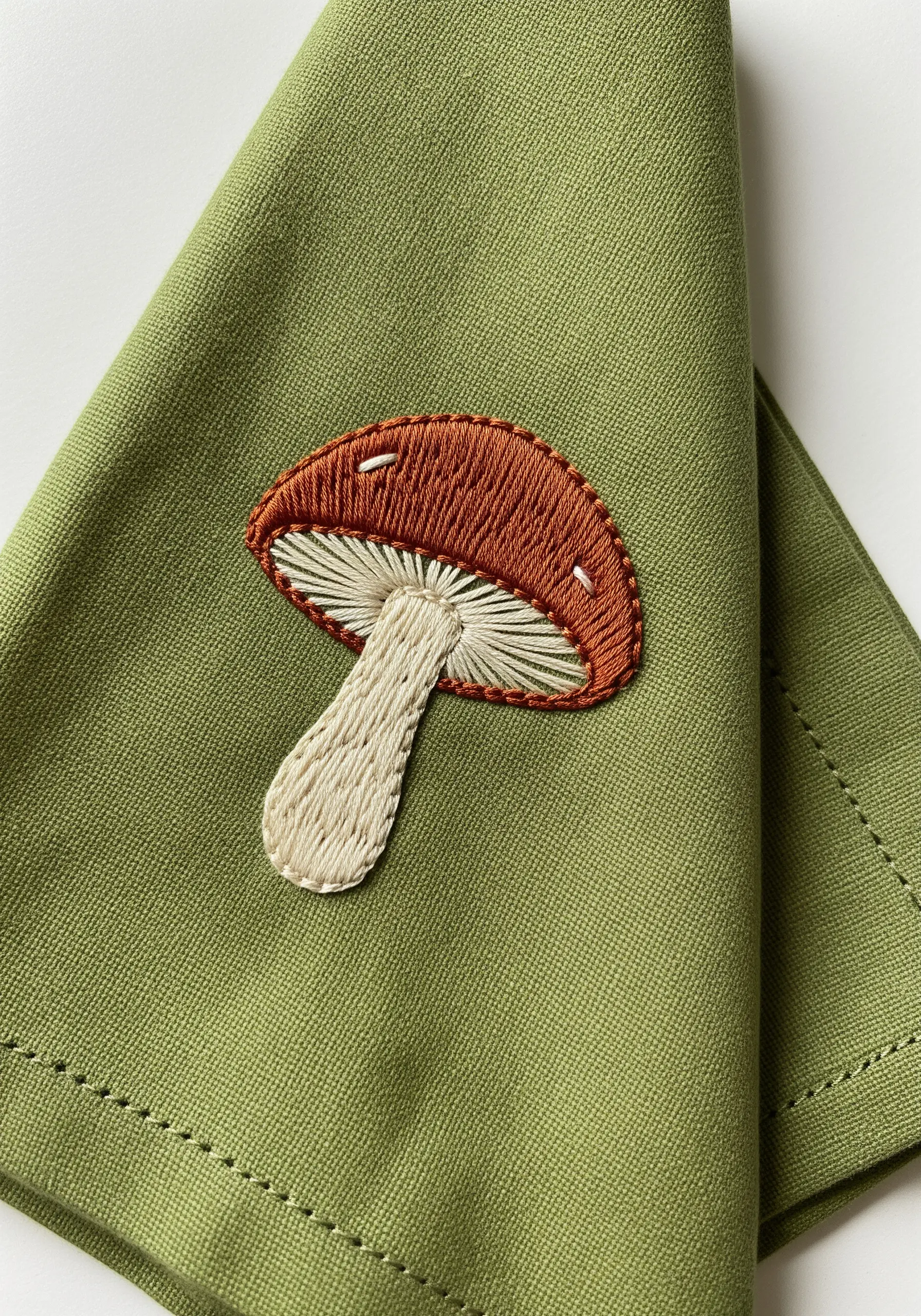 An embroidered mushroom with textured gills stitched on a green cloth napkin.