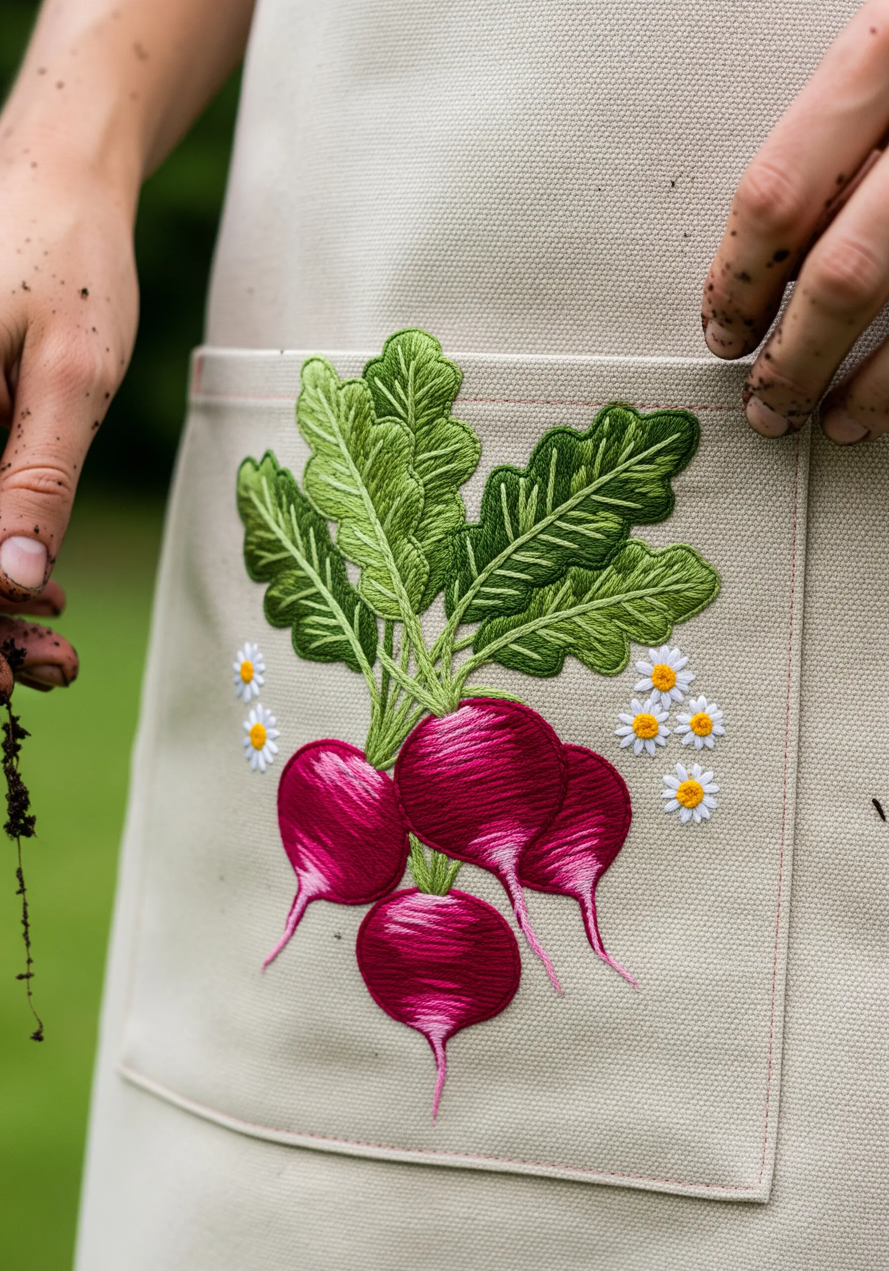 A bunch of radishes with vibrant pink and white gradients embroidered on a canvas apron pocket.