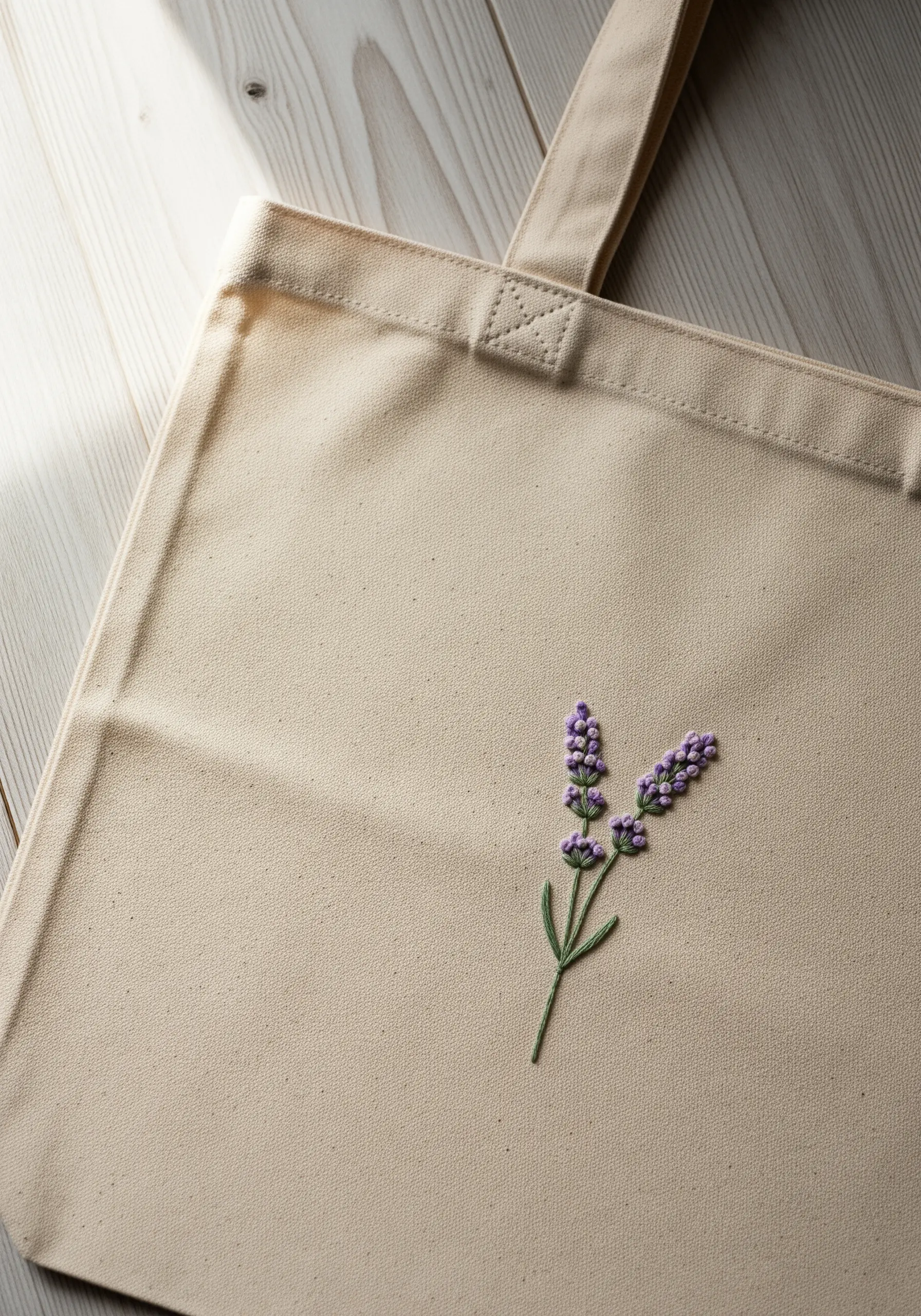 Delicate lavender sprig embroidered on a canvas tote bag, using French knots for blossoms.