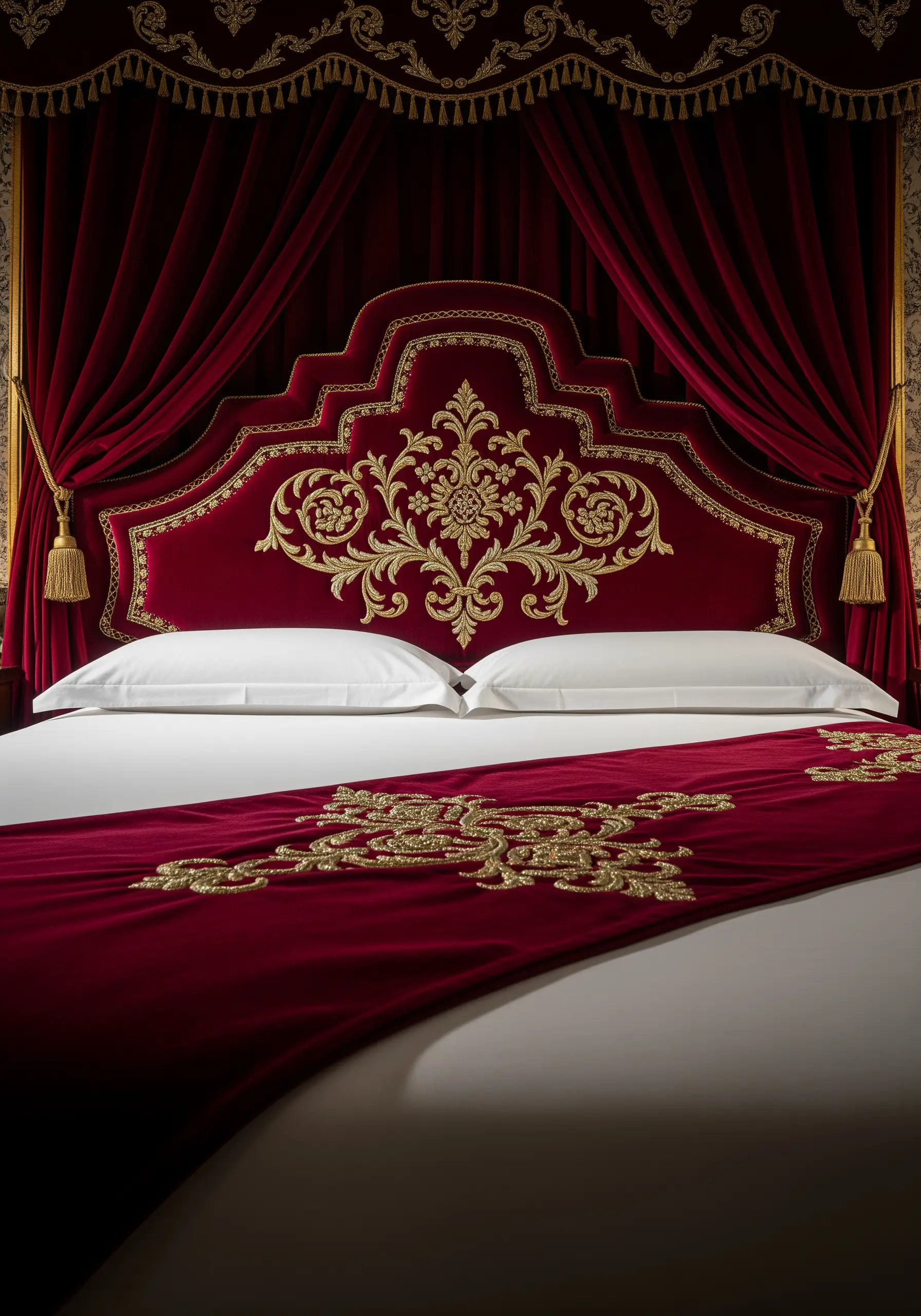 Ornate goldwork embroidery in a baroque style on a deep red velvet headboard.