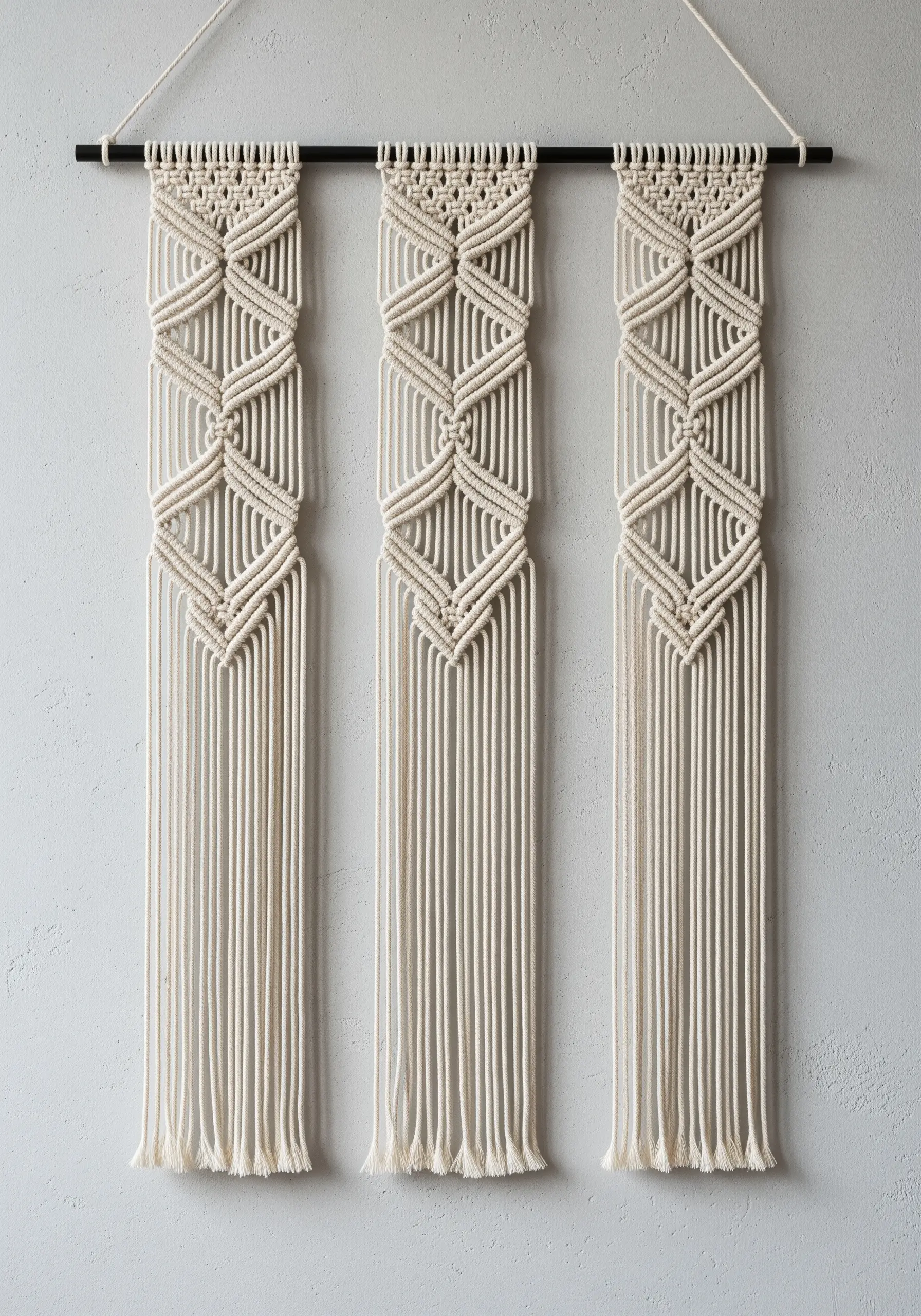 Three identical cream-colored macrame panels with diamond knot patterns hanging from a black rod.