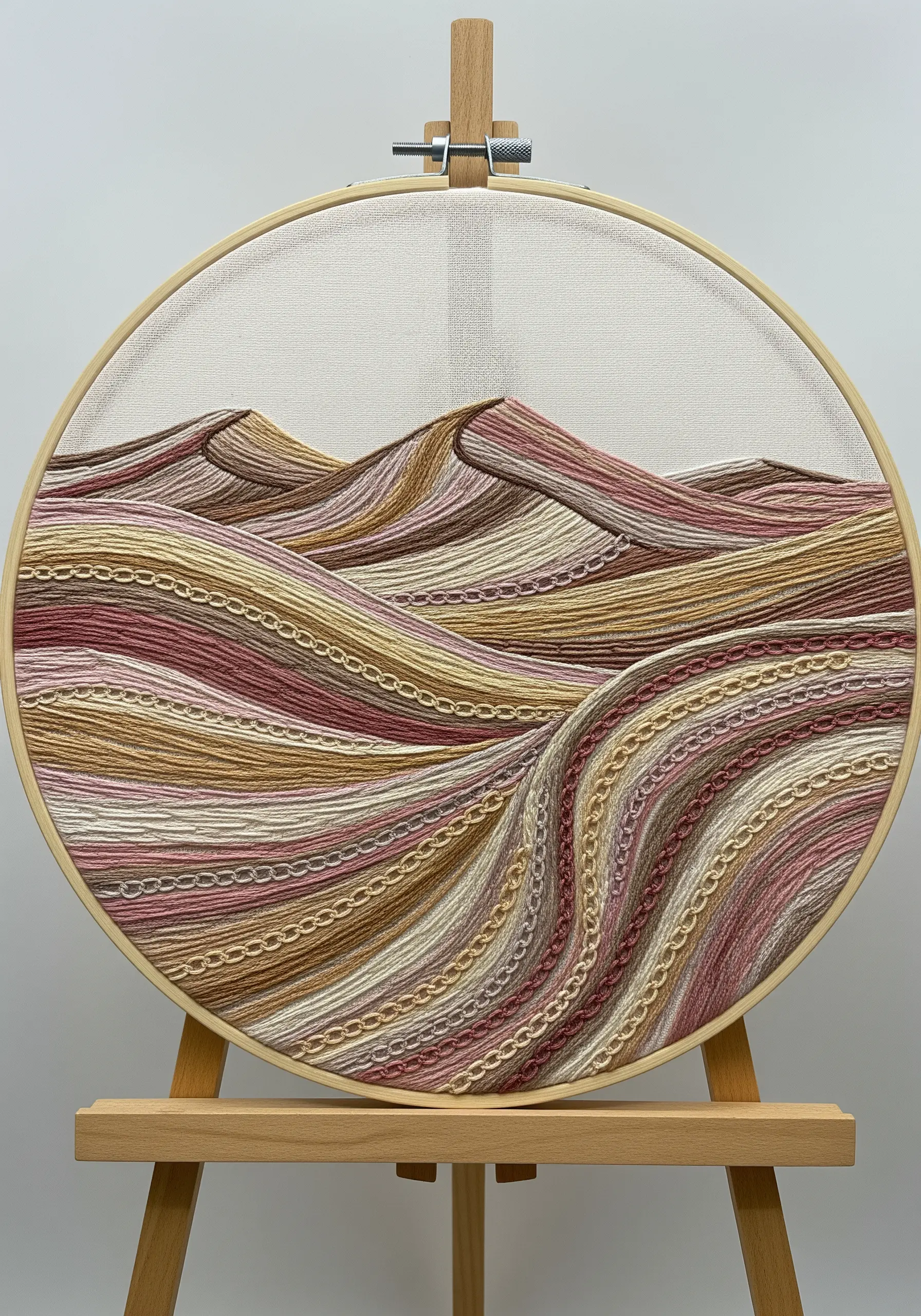 Embroidery hoop with abstract, wavy hills in pink and beige, using various textural stitches.