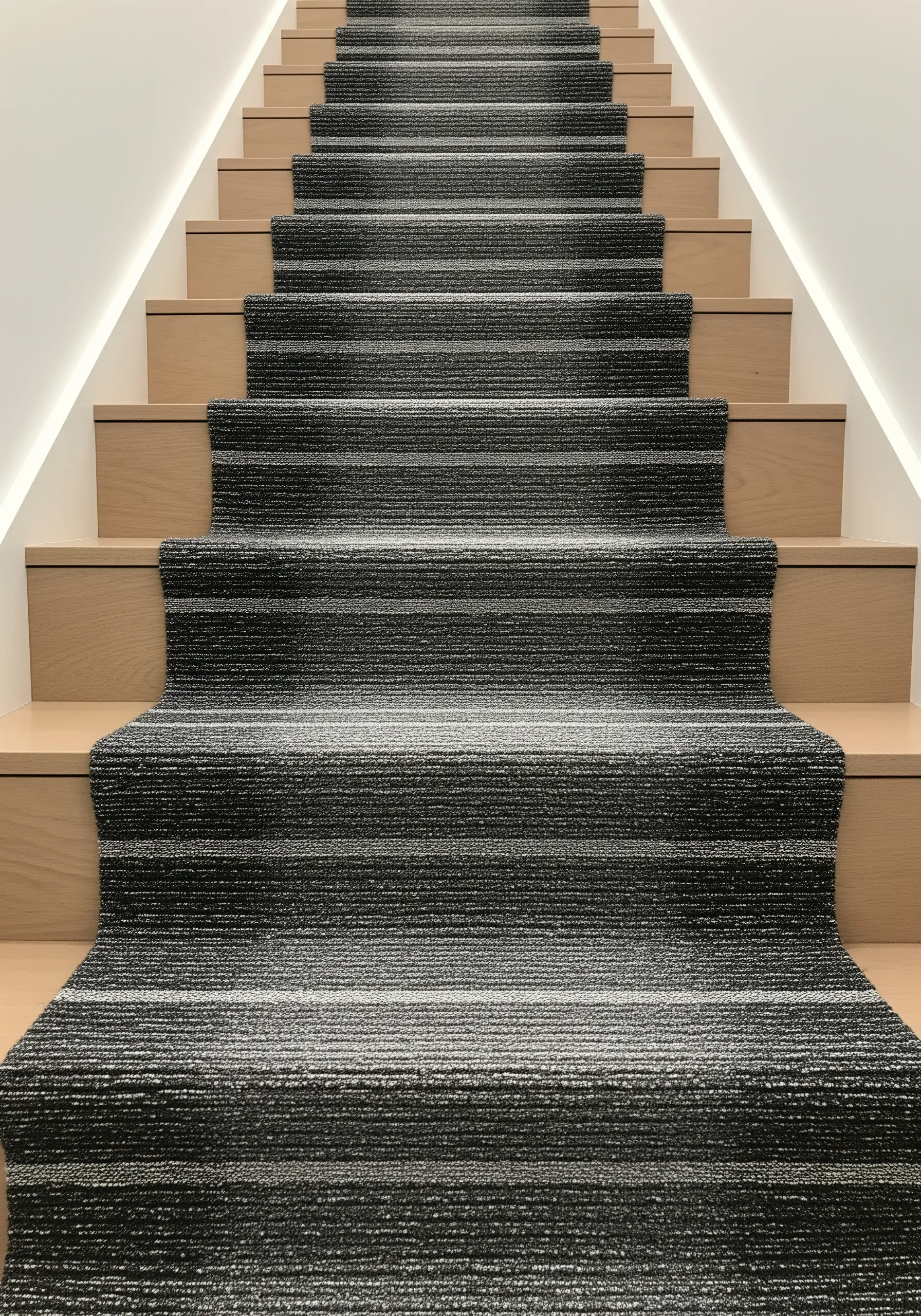 A modern woven stair runner with fine horizontal stripes in shades of grey, black, and white.